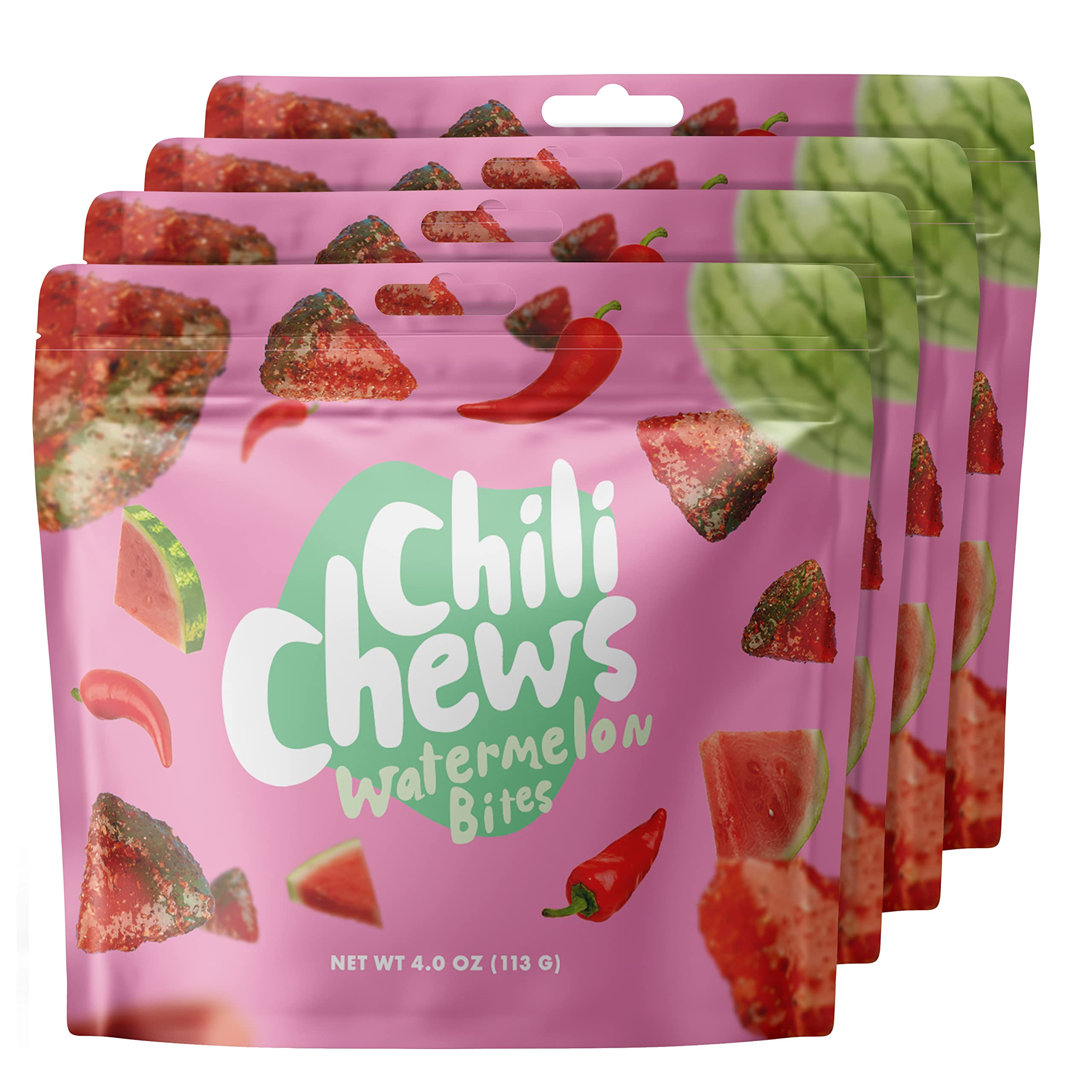 Chili Chews Sweet & Spicy Gummy Candy Bites - Watermelon Flavor, 4 Pack | Sour & Spicy Snacks for All Ages | Perfect for Parties, Movie Nights & On-the-Go Treats