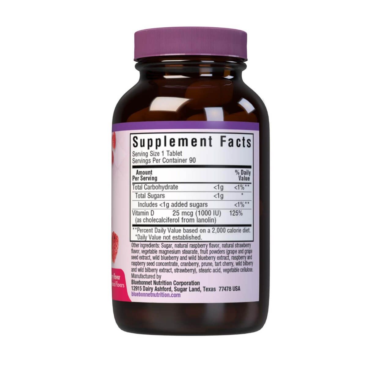 Bluebonnet Earthsweet Chewable Vitamin D3 1000 IU 90 Raspberry Flavored Tablets - Supports Bone & Immune Health - Great for Kids & Adults Daily Supplement