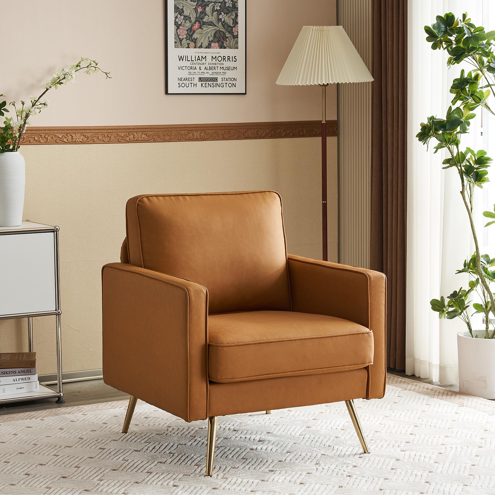VINGLI Mid Century Modern PU Leather Accent Chair with Gold Legs - Brown Upholstered Armchair for Living Room, Bedroom & Apartment - Perfect for Reading Nook, Home Office or Lounge Area
