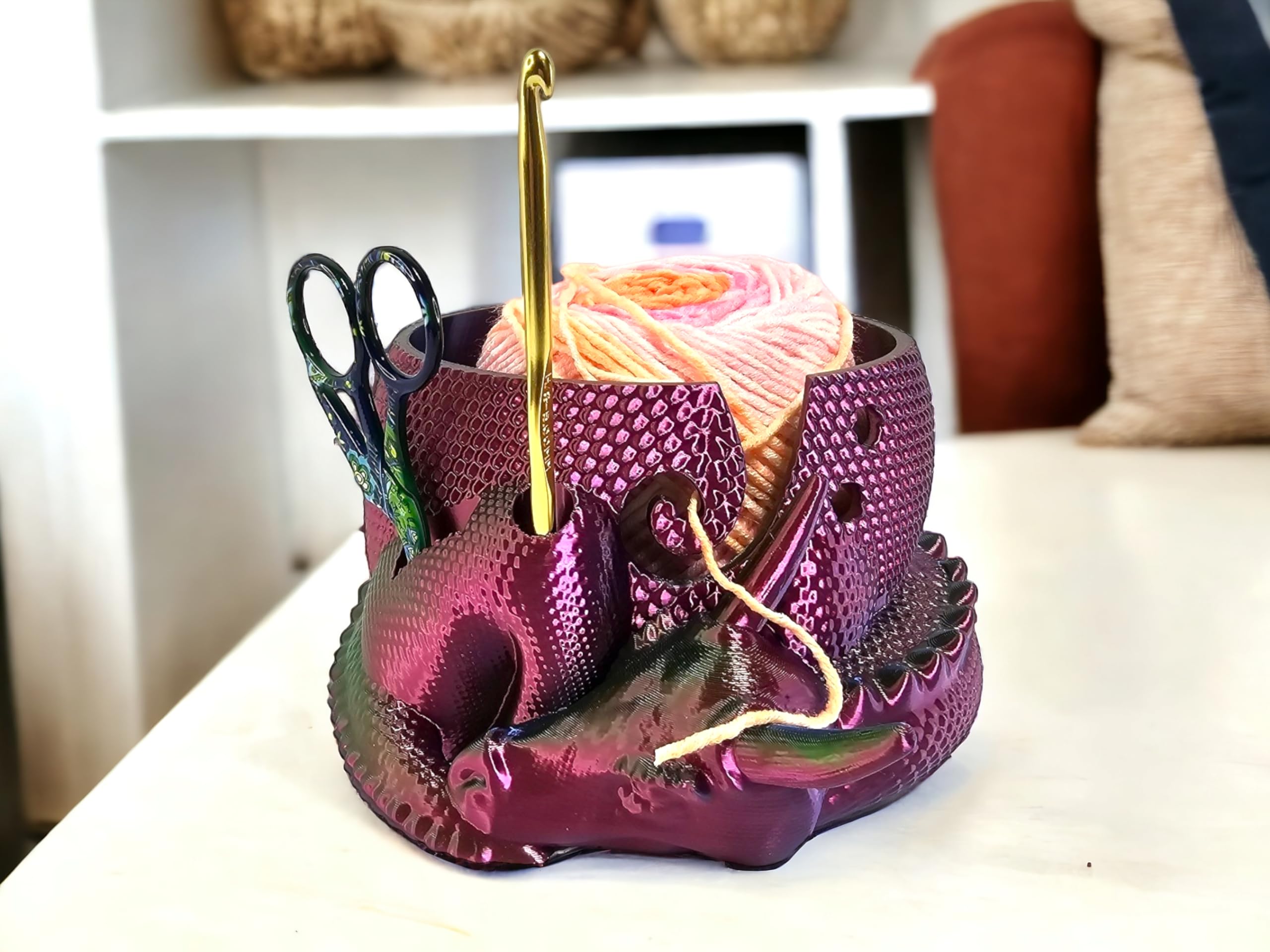 3D Printed Horned Dragon Yarn Bowl - Yarn Holder for Knitting & Crochet - Dragon Fantasy Decor & Yarn Organizer (Black/Blue/Purple) - Perfect for Crafting, DIY Projects & Home Decor
