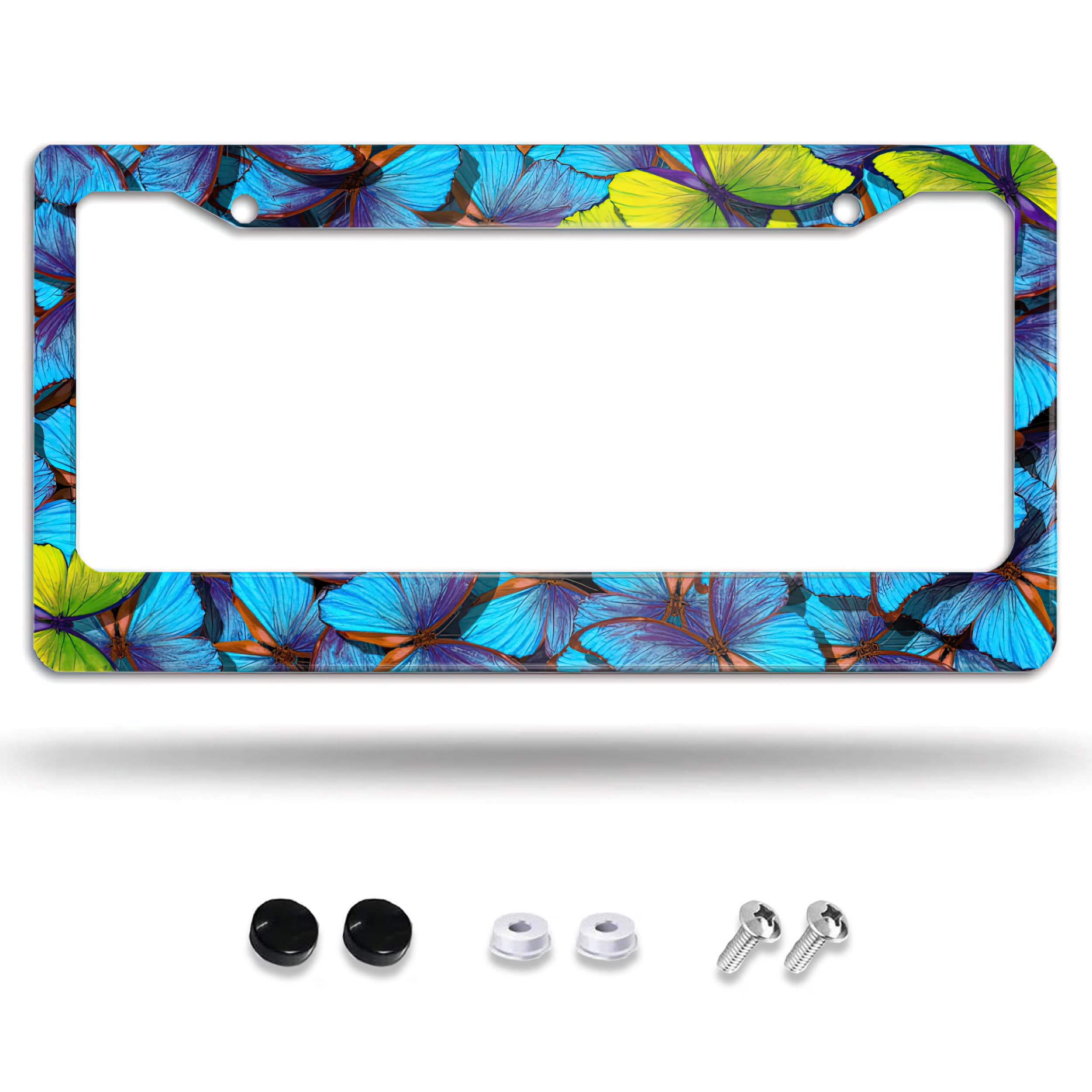 Blue Butterfly Decorative Car License Plate Frame - Aluminum Customized License Plate Cover for Men & Women - US Canada Standard 12