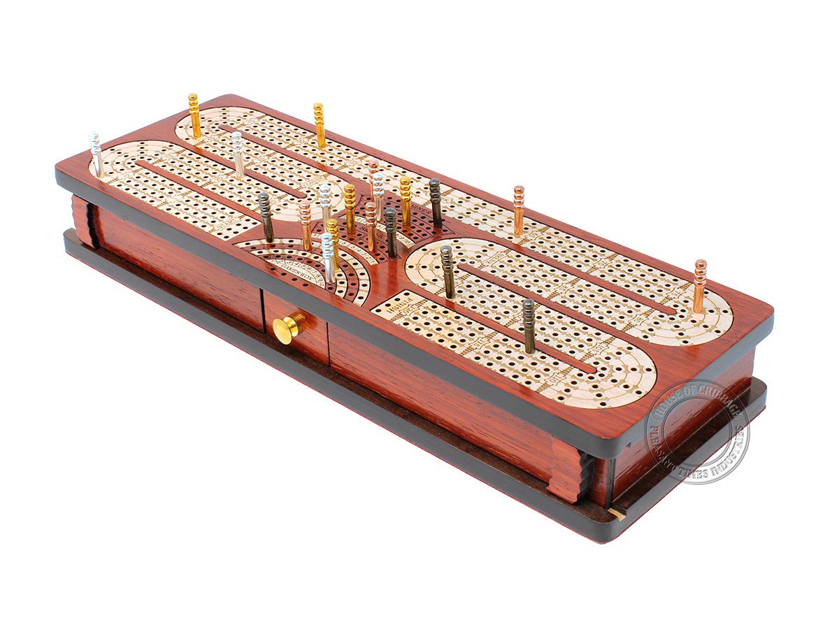 Premium Continuous Cribbage Board with 4 Tracks - Handcrafted Bloodwood & Maple Inlaid Game Box with Sliding Lids, Drawer & Scoring Fields | Perfect for Family Game Nights, Travel & Tournament Play