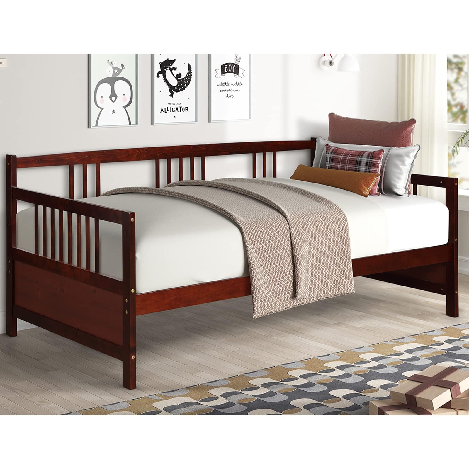 Giantex Twin Size Wooden Daybed Frame with Rails & Slat Support - Convertible Sofa Bed for Guest Room, Living Room or Bedroom - No Box Spring Needed - Cherry Finish - Perfect for Small Spaces, Sleepovers & Multi-Functional Furniture Needs