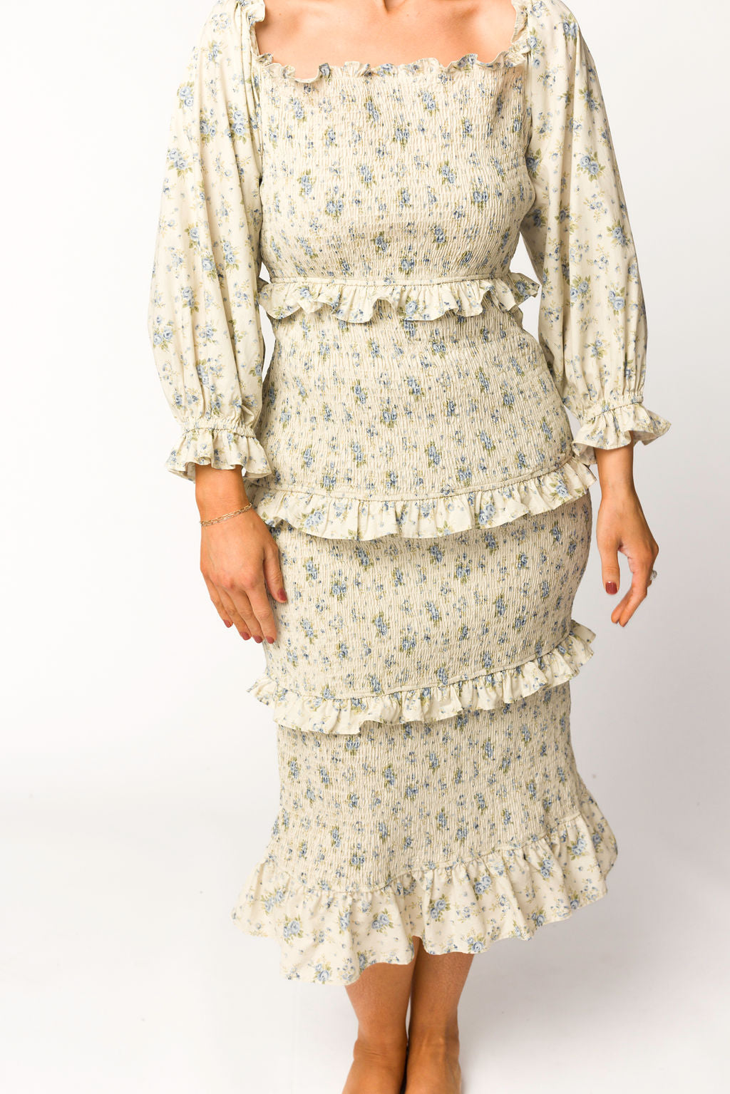 Lila Floral Printed Smocked Midi Dress in Blue - Bump Friendly Maternity Dress for Pregnancy, Nursing & Postpartum | Perfect for Baby Showers, Brunch Dates & Summer Outfits