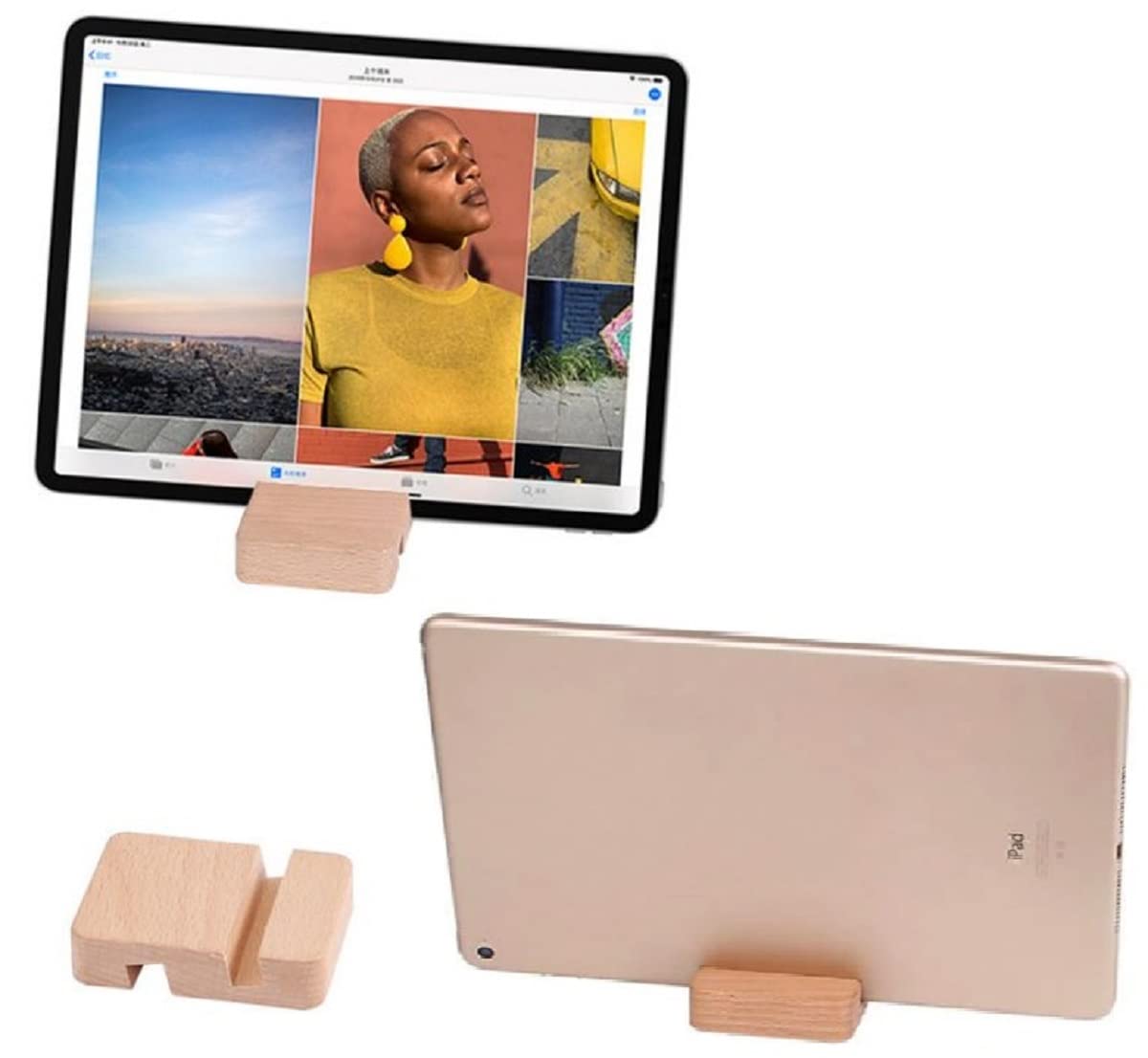 Premium Wooden Phone Stand - Double Groove Design for iPhone & Android - Desktop Mobile Phone Holder (Set of 1) - Perfect for Home Office, Bedside & Video Watching