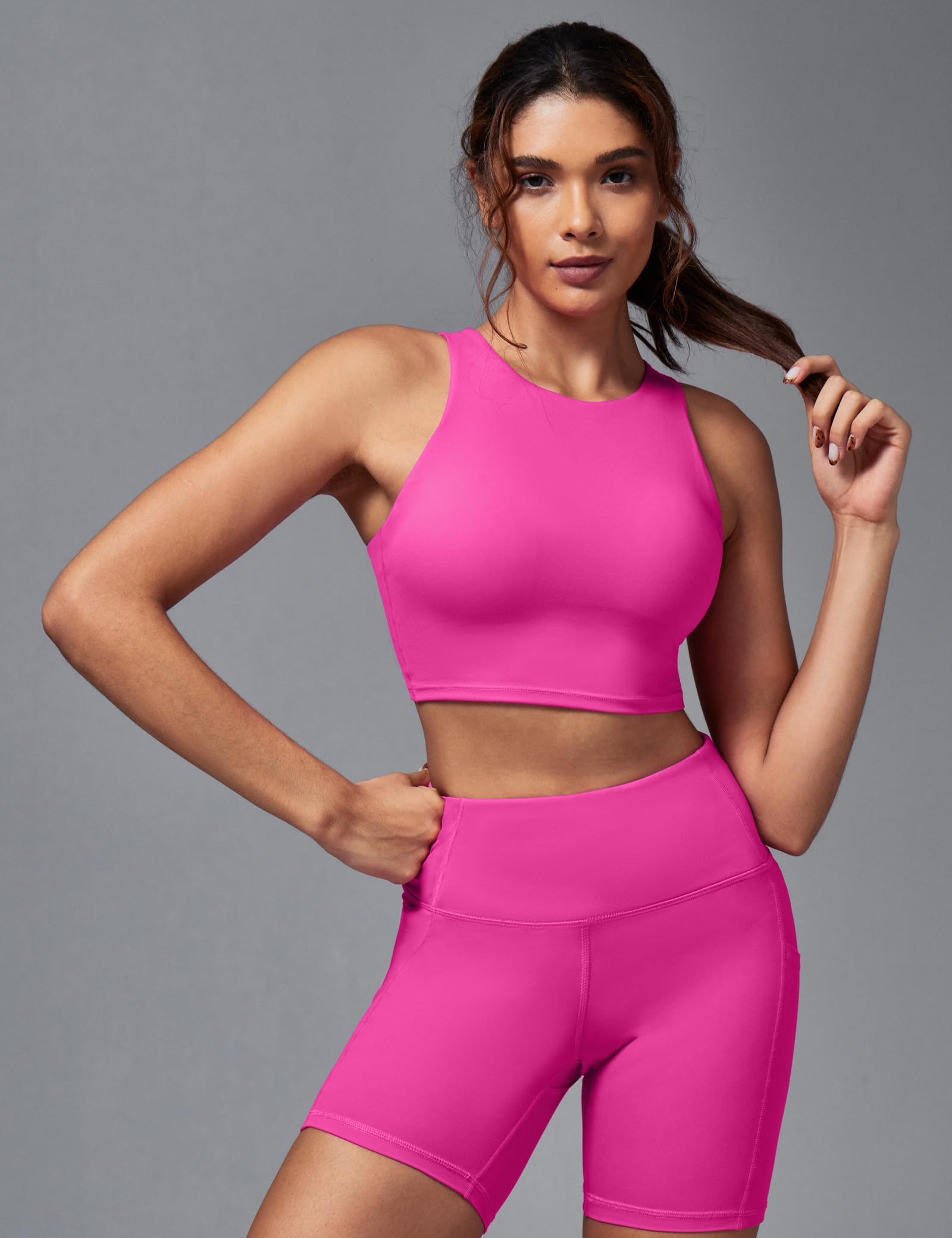 Ewedoos Women's High Neck Racerback Sports Bra - Longline Padded Workout Top with Built-in Bra for Running, Yoga & Gym