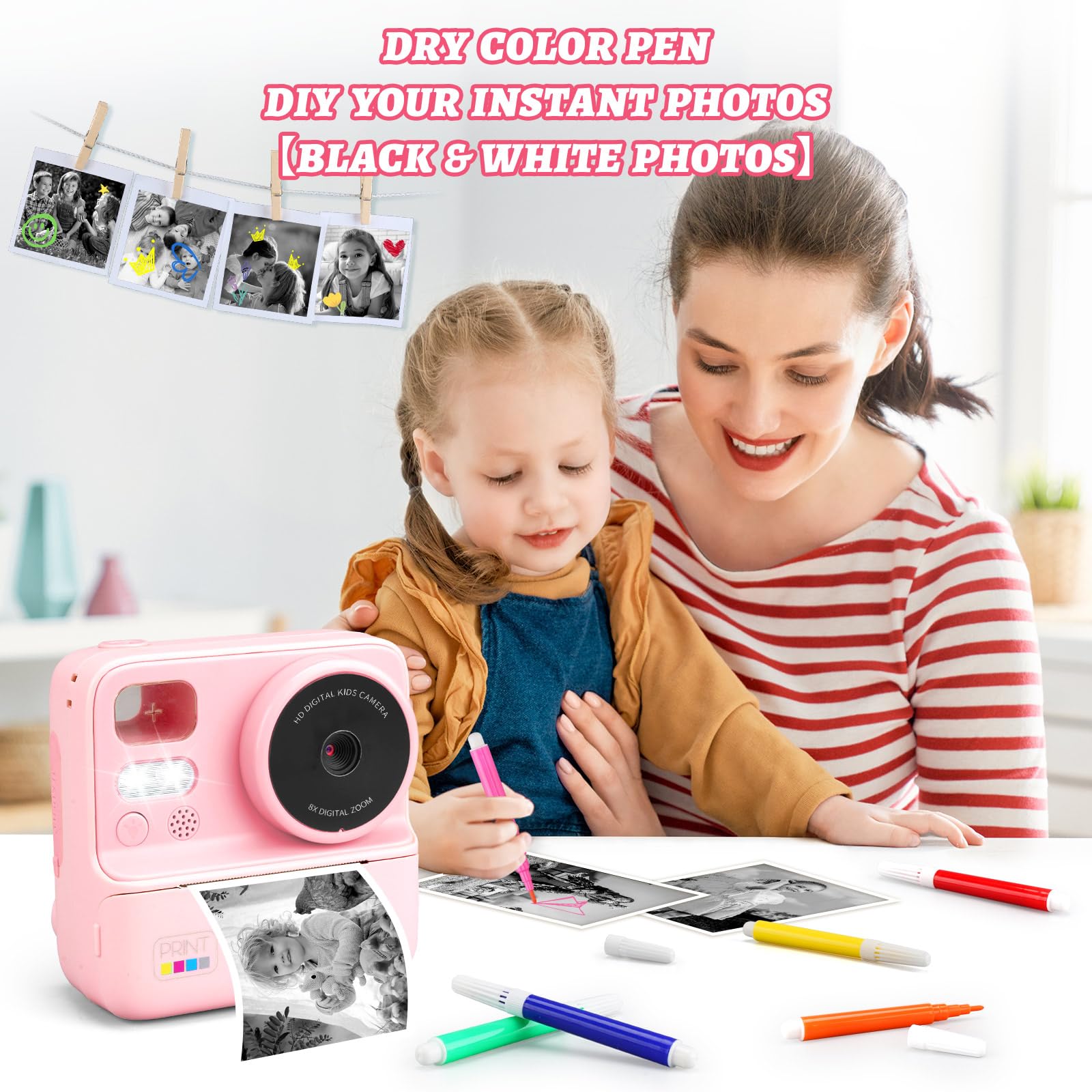 Instant Print Kids Camera with Silicone Cover - Dual Lens Digital Camera Toy for Boys & Girls Ages 3-12 | Perfect Birthday Gift for Toddlers, Travel & Family Fun (Pink)