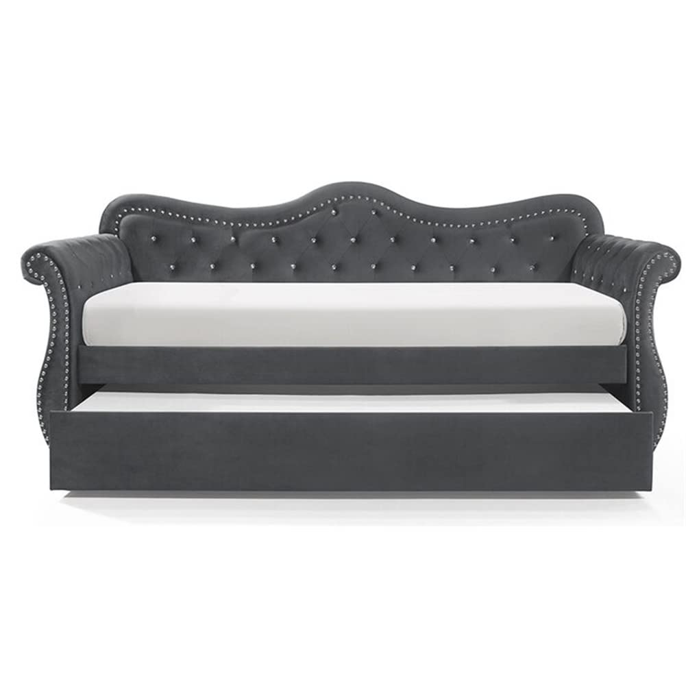 HABITRIO Twin Size Daybed with Trundle - Wood Frame, Button-Tufted Upholstery & Nailhead Trim, Curved Design Sofa Bed with Easy Pull-Out Trundle for Living Room, Bedroom, Guest Room - Grey (Perfect for Small Spaces & Overnight Guests)