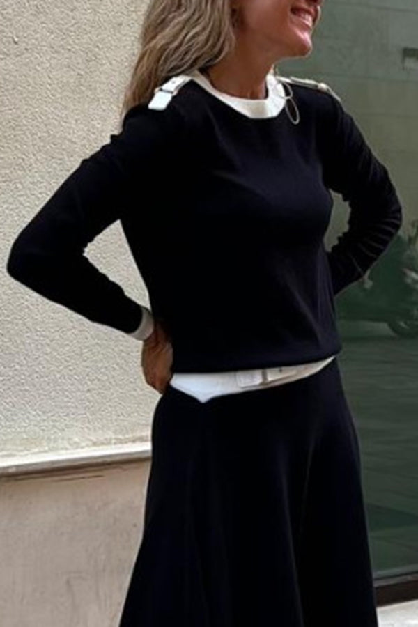 Kadie Colorblock Shoulder Buckle Detail Long Sleeve Loose Blouse for Women | Trendy Casual Tops for Everyday Wear & Office Outfits