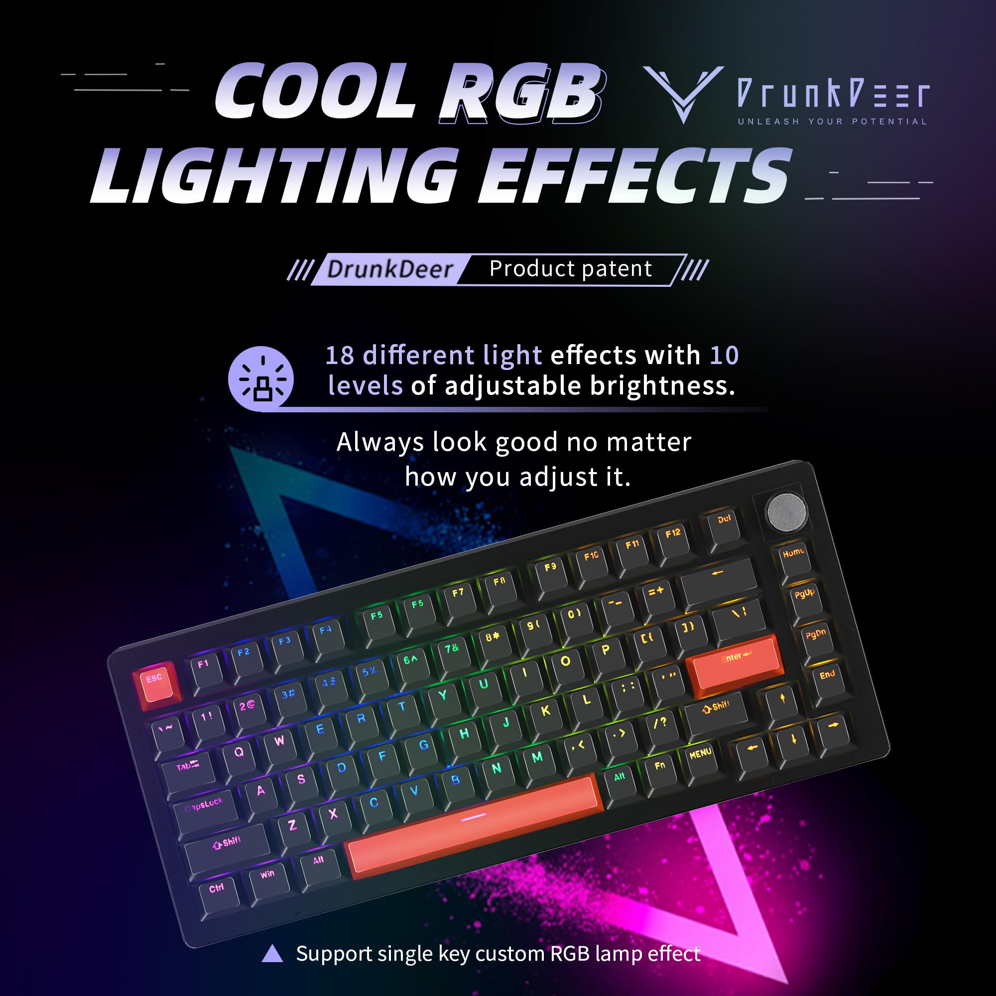 DrunkDeer A75 Rapid Trigger Magnetic Switch Mechanical Gaming Keyboard - 82 Key Compact 75% Layout, PBT Double Shot Keycaps, OEM Profile, USB Wired (Black) - Perfect for FPS Gaming, Competitive Esports & Office Typing