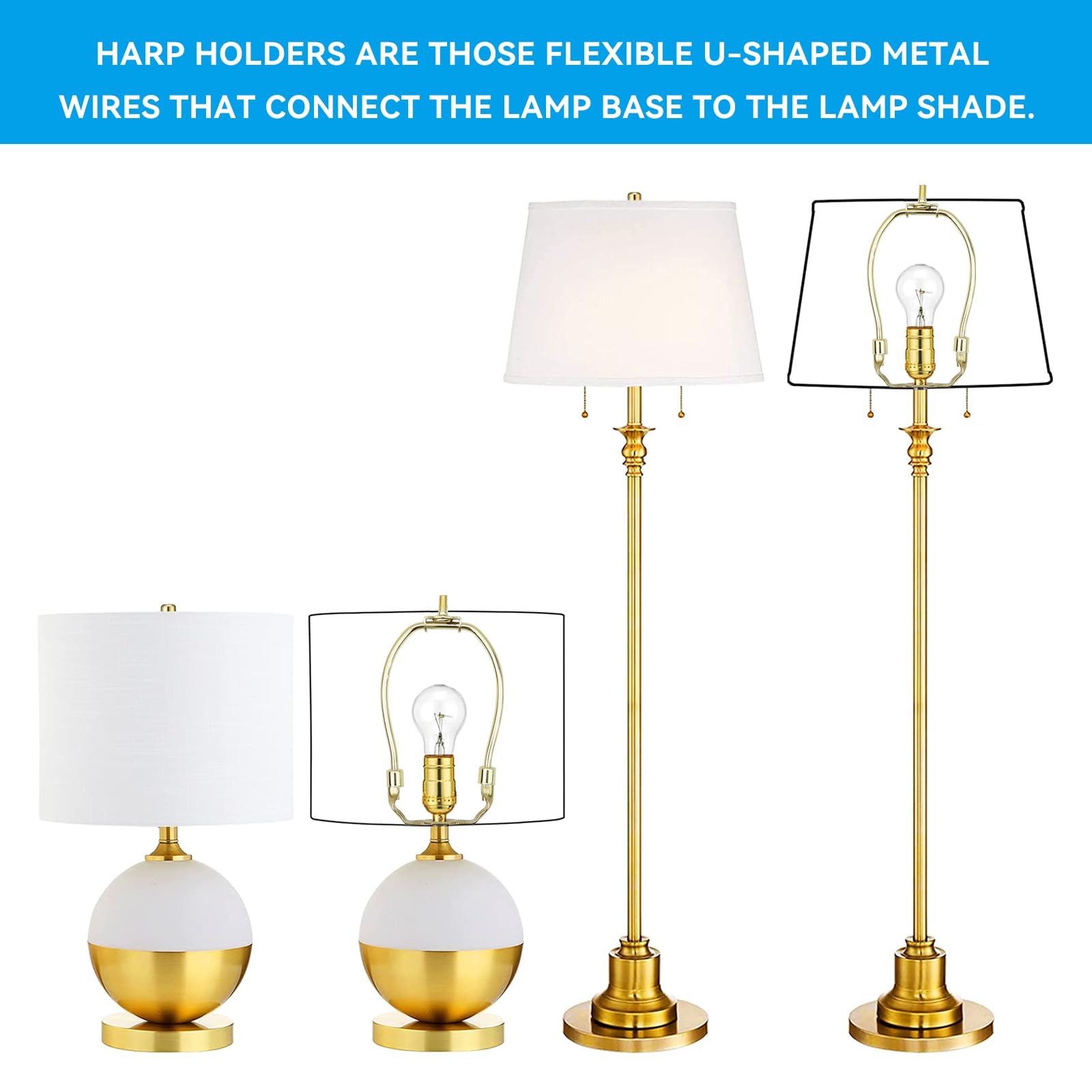 5 Inch Lamp Harp Fitter for Lamp Shades - Polished Brass (Pack of 2) - Perfect for Table Lamps, Floor Lamps & DIY Lighting Projects