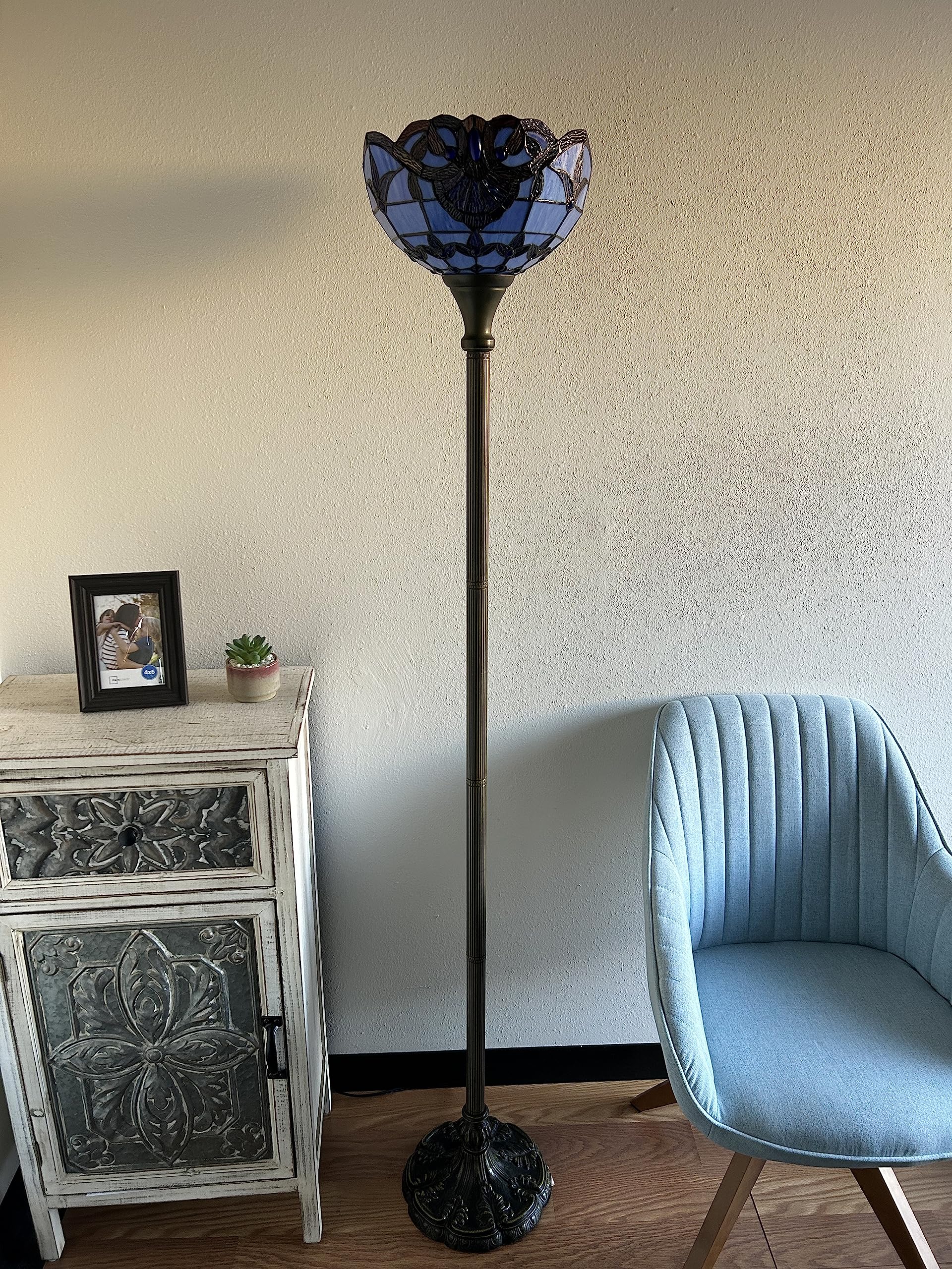 Tiffany Torch Floor Lamp with Blue Stained Glass - Baroque Style LED Floor Light with Included Lavender Bulb for Living Room, Bedroom, Office Decor - 66