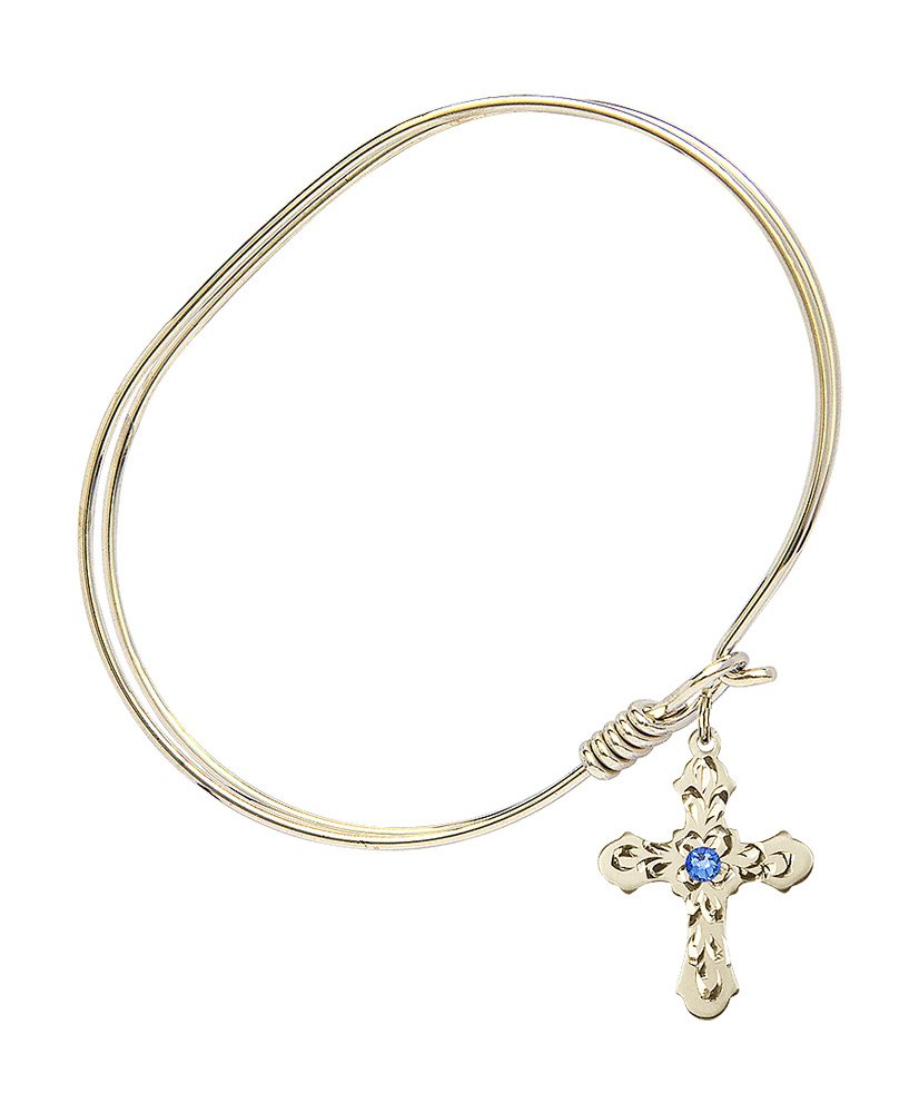 7 Inch Oval Eye Hook Bangle Bracelet with Cross Medal Charm & September Blue Crystal - Elegant Jewelry for Women, Perfect for Gifts, Parties, and Everyday Wear