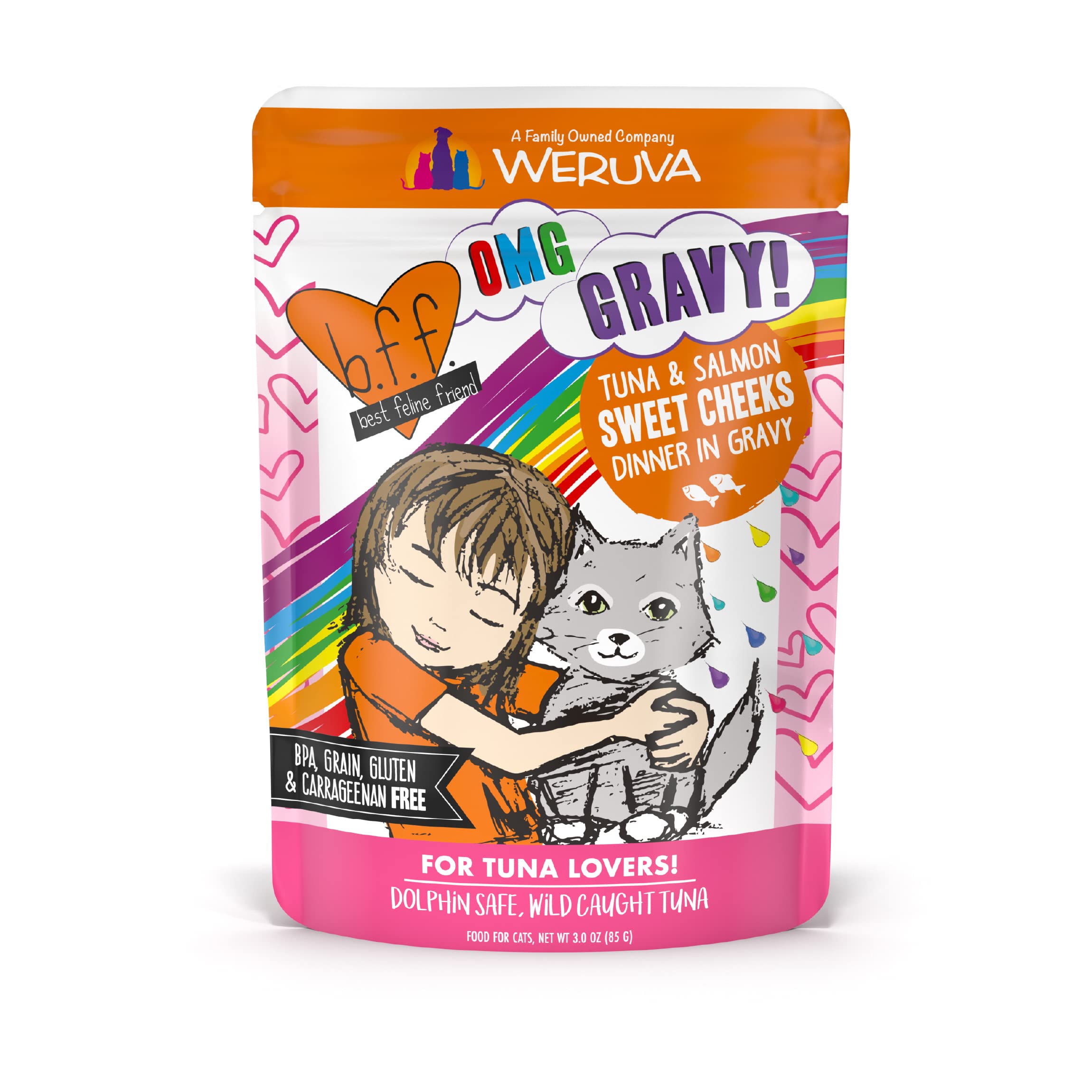 Weruva B.F.F. OMG Tuna & Salmon in Gravy Wet Cat Food - Grain-Free, High Protein, Natural Ingredients for Adult Cats - 3oz Pouch (Pack of 12) - Perfect for Mealtime, Travel & Treats