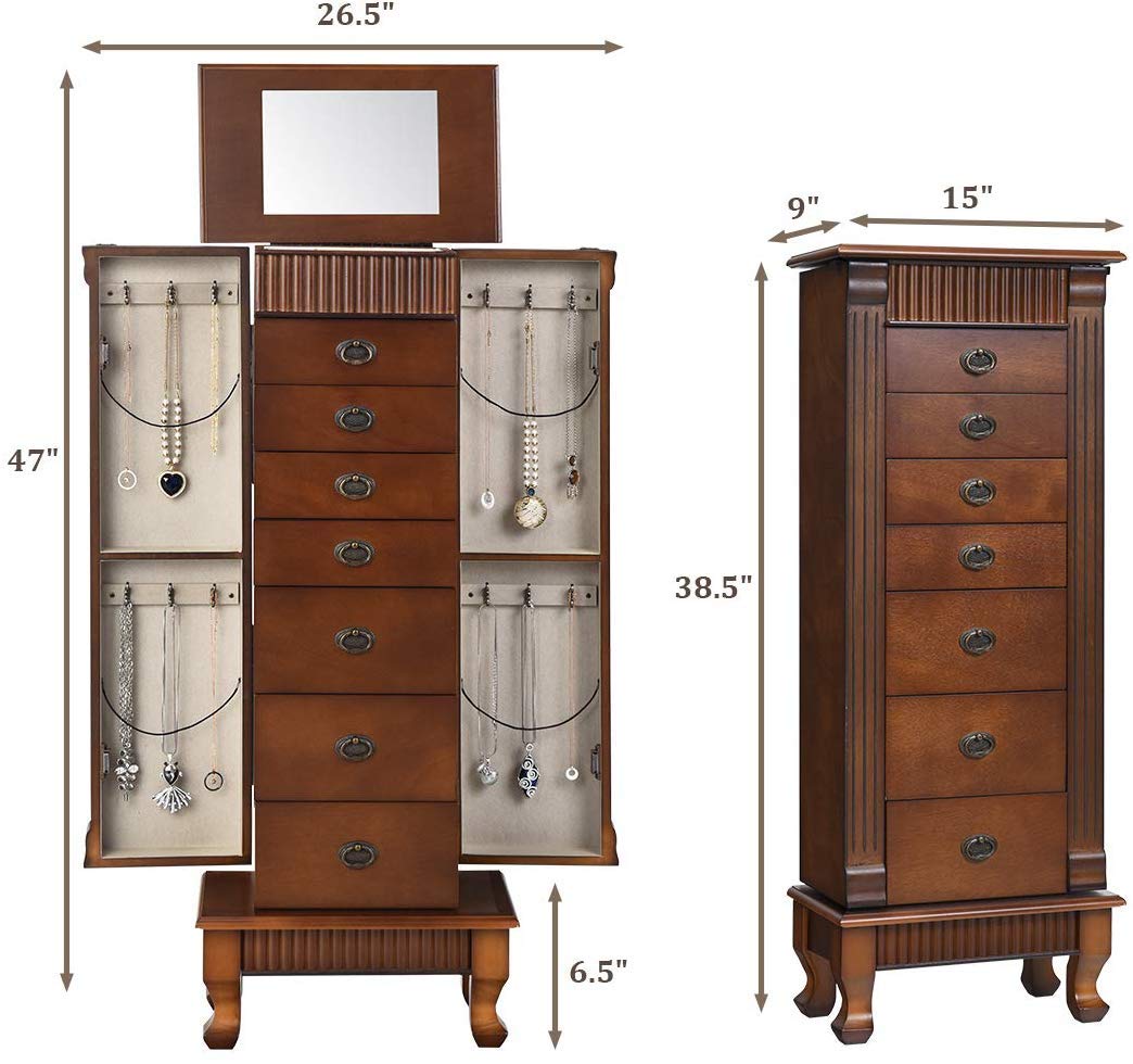 Large Standing Jewelry Armoire Cabinet with 7 Drawers & 2 Doors - Full-Length Mirror, 12 Necklace Hooks & Top Storage Organizer for Jewelry, Makeup & Accessories - Perfect for Bedroom, Dressing Room & Closet Organization