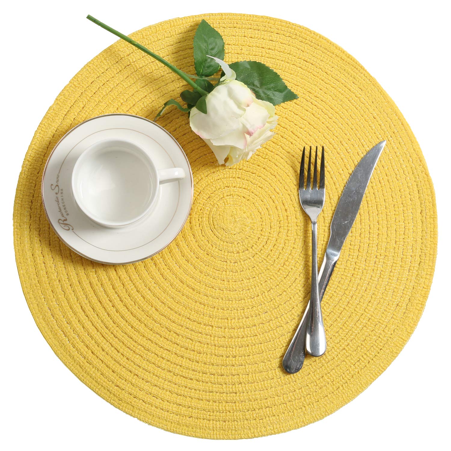 SHACOS 4-Pack Round Braided Placemats - Washable & Durable Table Mats for Kitchen, Dining, Home Decor - Perfect for Wedding, Party, Everyday Use (Yellow)