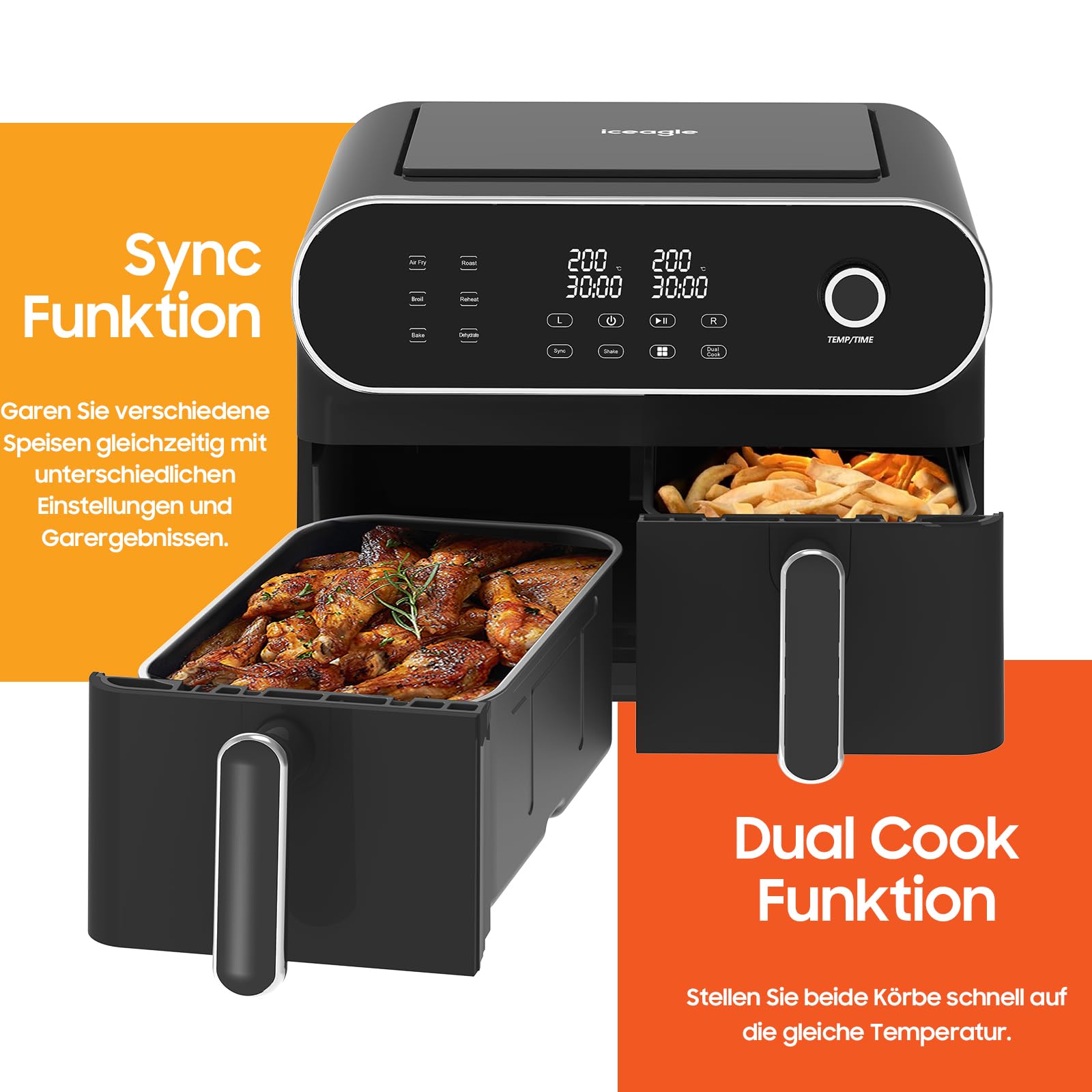 XXL 11L Dual Zone Air Fryer by Iceagle – 6-in-1 Large Capacity Air Fryer with Double Drawer, Touch Screen, 1700W | Healthy Cooking for Family, Fries, Chicken, Vegetables | Perfect for Large Families & Entertaining