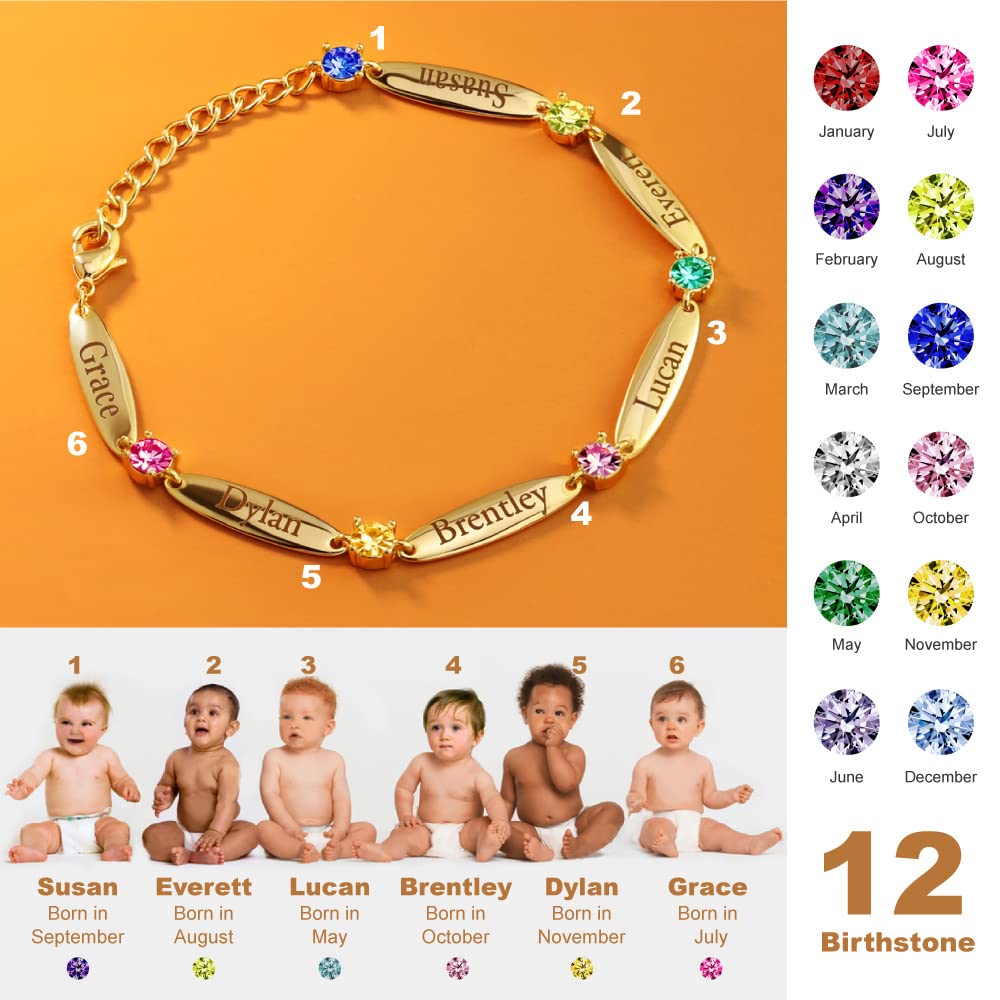 Personalized Mothers Bracelets with 6 Birthstones & Name Engraving - Adjustable Bangle Bracelet for Women, Family Jewelry Gift for Thanksgiving, Christmas, Wedding & Birthday - Perfect for Special Occasions & Everyday Wear