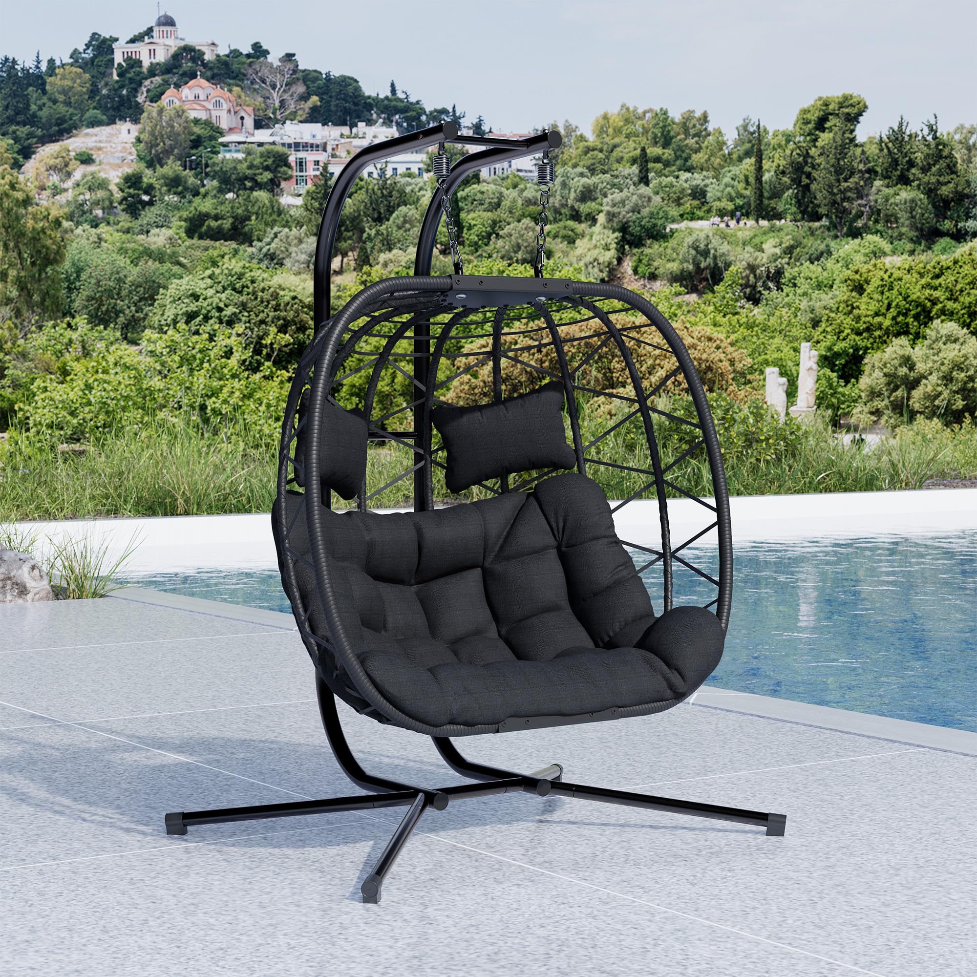 Double Swing Egg Chair with Stand - Oversized 2 Person Wicker Hanging Chair for Indoor & Outdoor Use - 550 LBS Capacity with Black Cushion - Perfect for Patio, Balcony, Bedroom, and Garden Relaxation