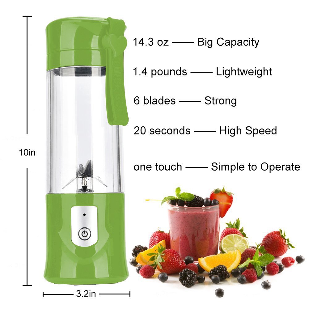 Portable USB Rechargeable Blender - 13.5Oz Mini Personal Smoothie Maker with 6 Stainless Steel Blades for Shakes, Juices & Protein Drinks | Travel, Gym, Office & Kitchen Use (Green)