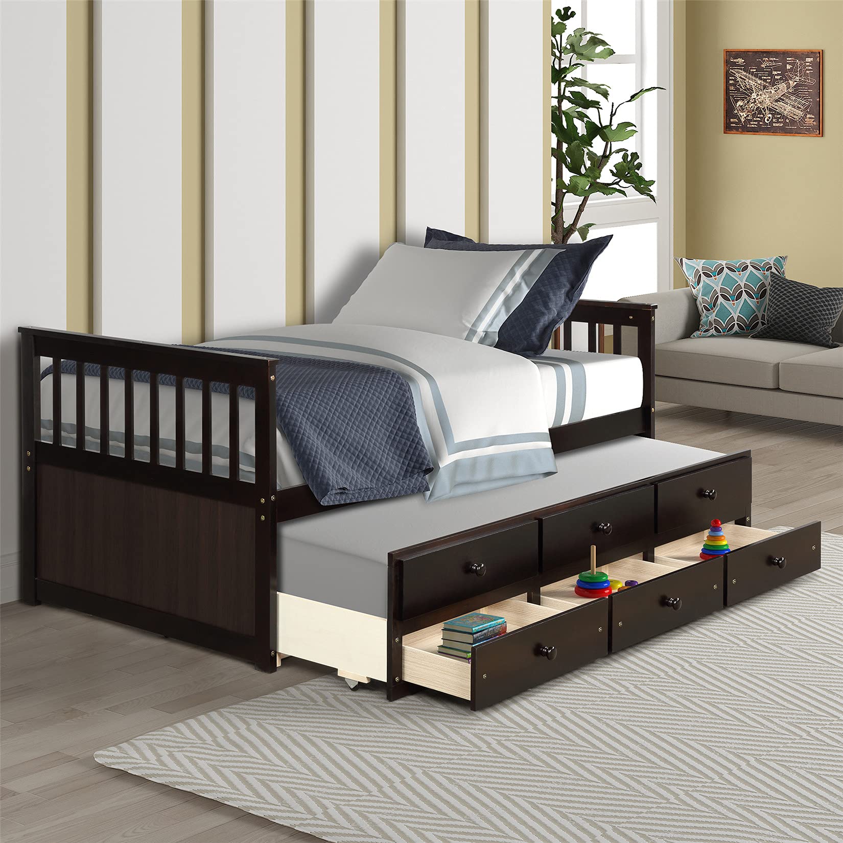 Espresso Wood Sofa Bed with Trundle and Drawers - Twin Size Convertible Daybed with Headboard | Perfect for Guest Rooms, Small Apartments & Multi-Functional Living Spaces
