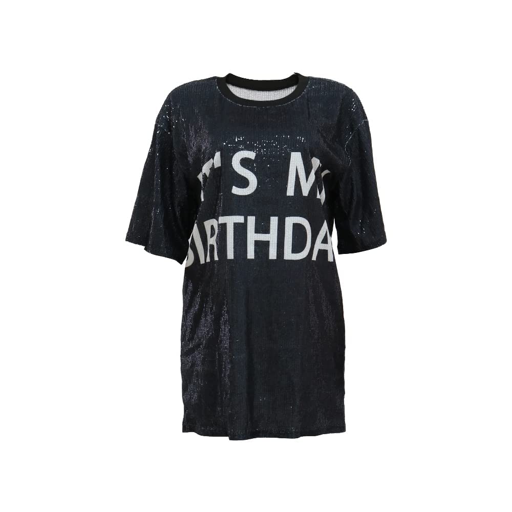 Women's Birthday Sequin Letter Graphic Print Shirt Dress - Half Sleeve Sparkly Party Outfit for Birthday Celebrations, Girls Night Out & Special Occasions