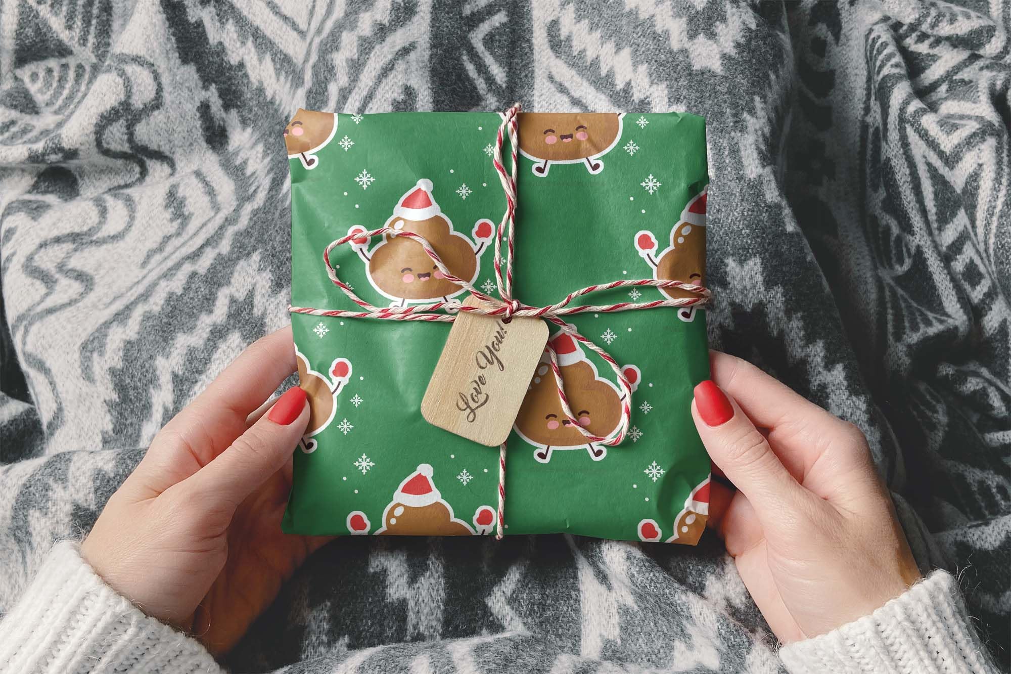 Funny Poop Christmas Wrapping Paper - Cute Holiday Emoji Gift Wrap for Kids | 12ft x 30in Roll | Perfect for Xmas Party Decorations, Stocking Stuffers & Secret Santa Gifts