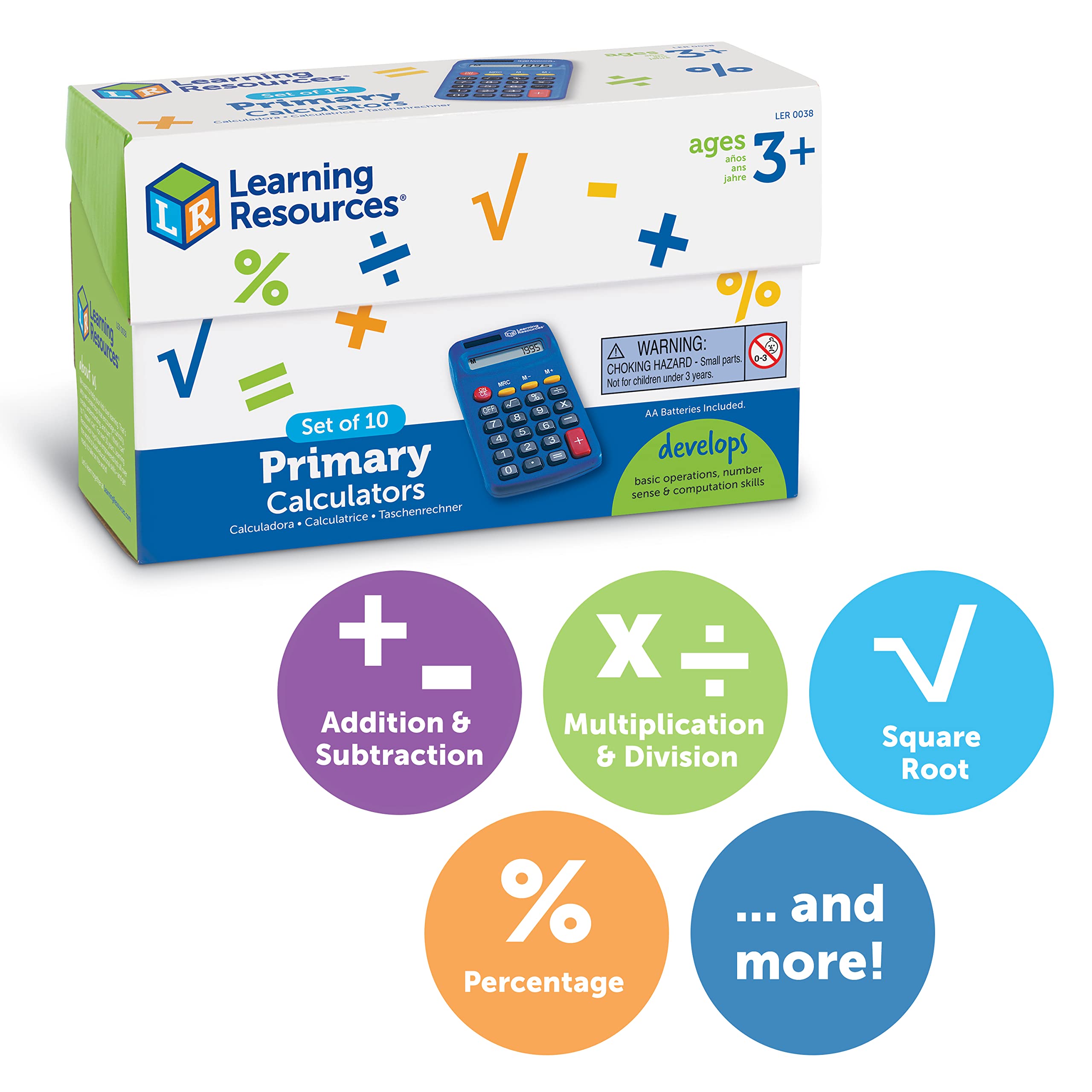 Learning Resources Primary Calculator - 10 Pack Solar Powered Basic Calculators for Kids Ages 3+, Teacher & Classroom Supplies, Back to School Essentials - Perfect for Math Practice, Homework Help & Early Learning Activities