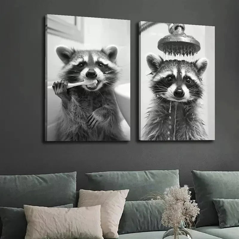 2-Pack Black & White Raccoon Daily Life Canvas Wall Art - 50x75cm Framed High-Quality Print | 100% Australian Made | Ready to Hang | Perfect for Living Room, Bedroom & Office Decor