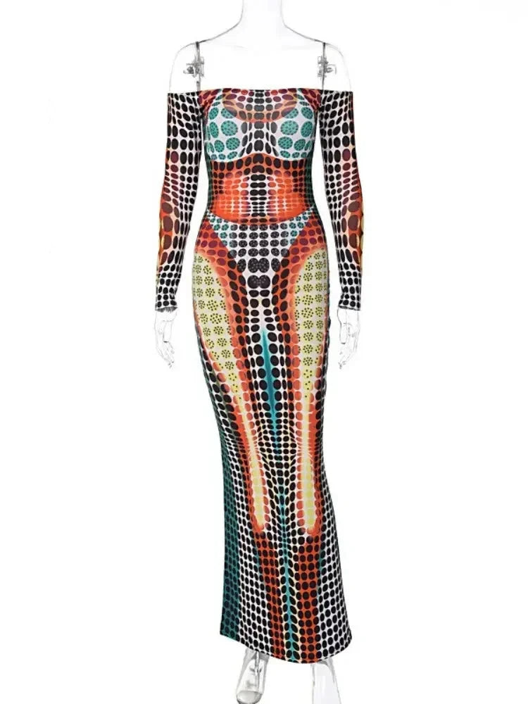 Sexy 3D Polka Dot Print Maxi Dress for Women - Off Shoulder Long Sleeve Bodycon Party Dress with Flare Hem | Perfect for Cocktail Parties, Date Nights & Special Occasions