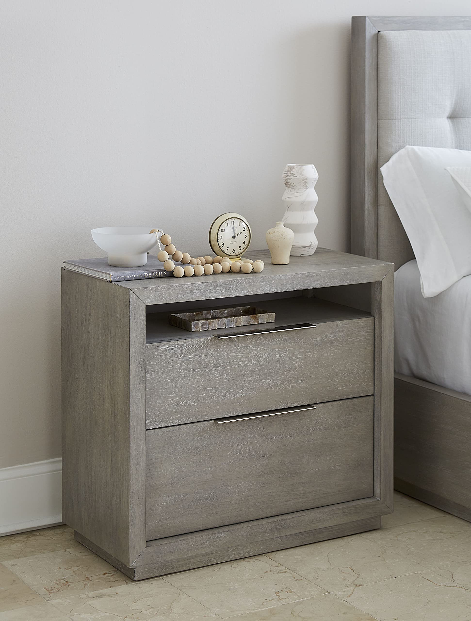 Modus Furniture Solid Wood Nightstand with 2 Drawers - Oxford Style in Mineral Finish | Perfect for Bedroom Storage, Living Room Decor & Small Space Organization