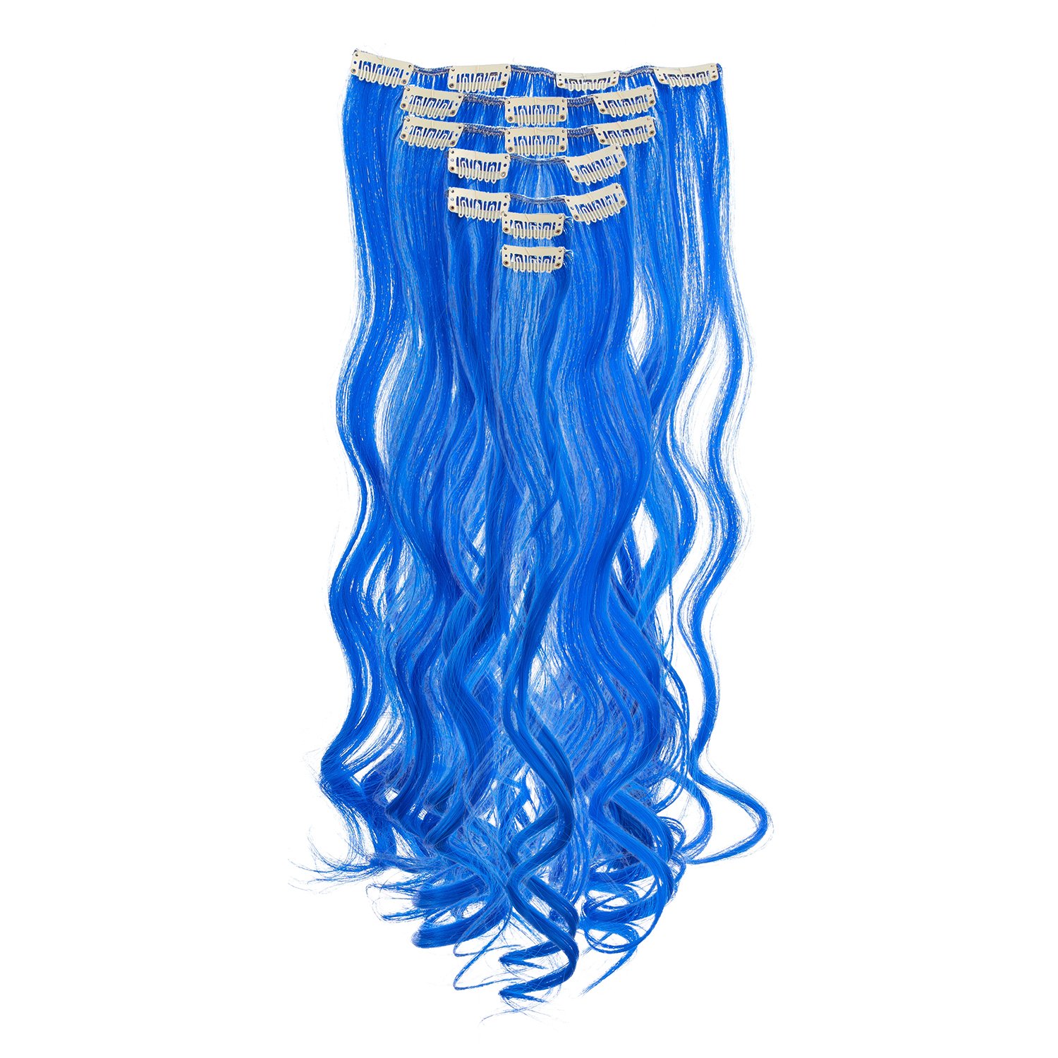 SWACC 7-Piece Clip-in Hair Extensions - 20-Inch Curly Blue Synthetic Hair Highlights for Full Head Party & Cosplay | Perfect for Halloween, Rave & Costume Events