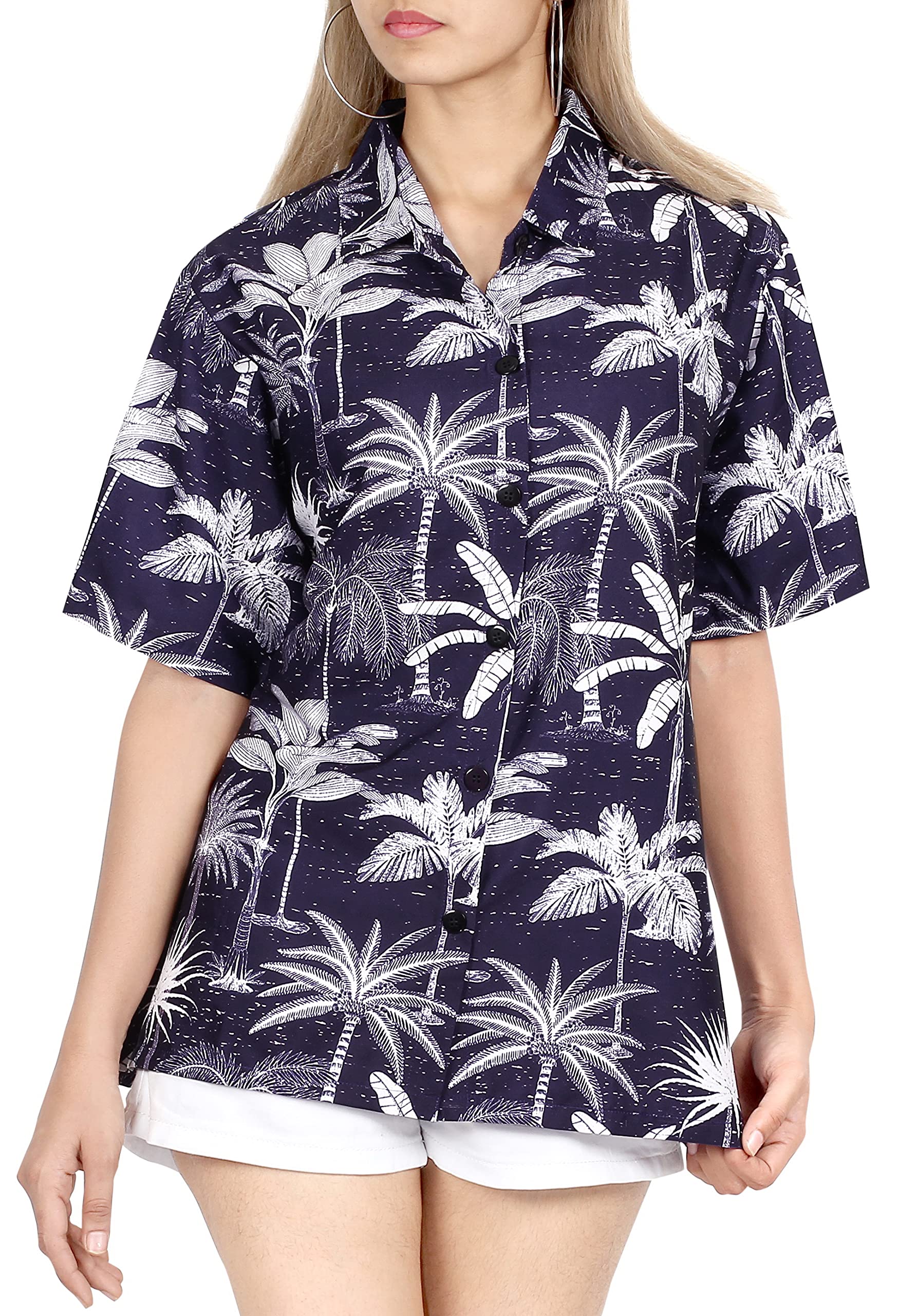 Happy Bay Women's Short Sleeve Hawaiian Shirt - Floral Print Casual Blouse for Beach Vacation, Summer Outfits & Tropical Theme Parties