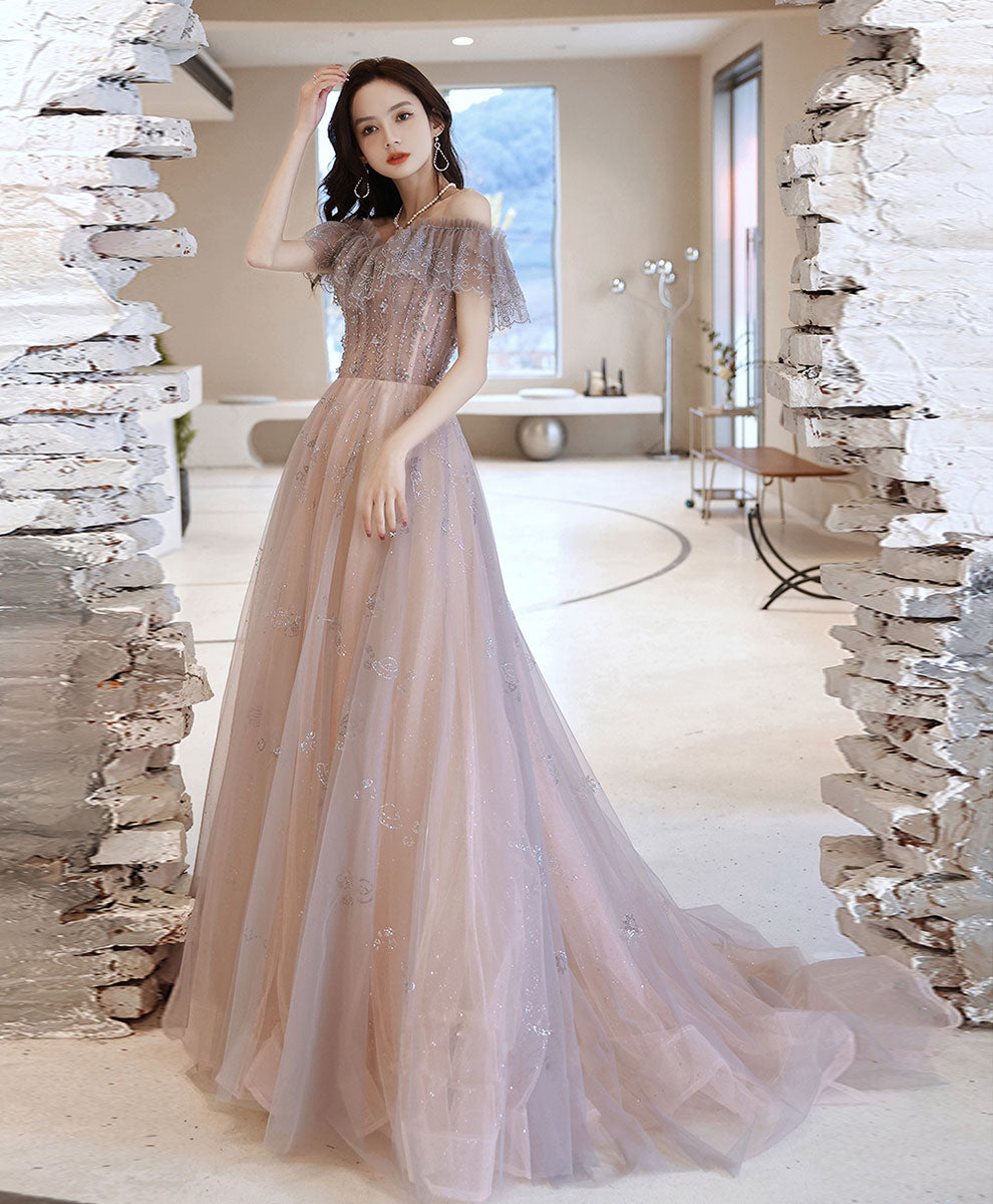Elegant A-Line Tulle Lace Off-Shoulder Long Prom Dress for Formal Events - Perfect for Homecoming, Wedding Guest & Evening Gala