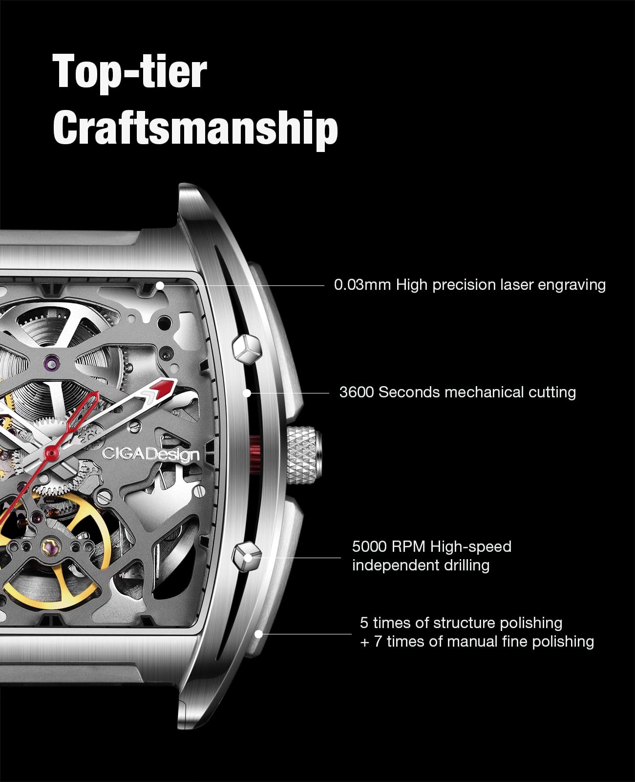 CIGA Design Z Series Automatic Mechanical Watch for Men & Women - Luxury Skeleton Tonneau Wristwatch with Leather & Silicone Strap, Stainless Steel Case, Waterproof Dress Watch - Perfect for Business, Formal Events & Gift Giving