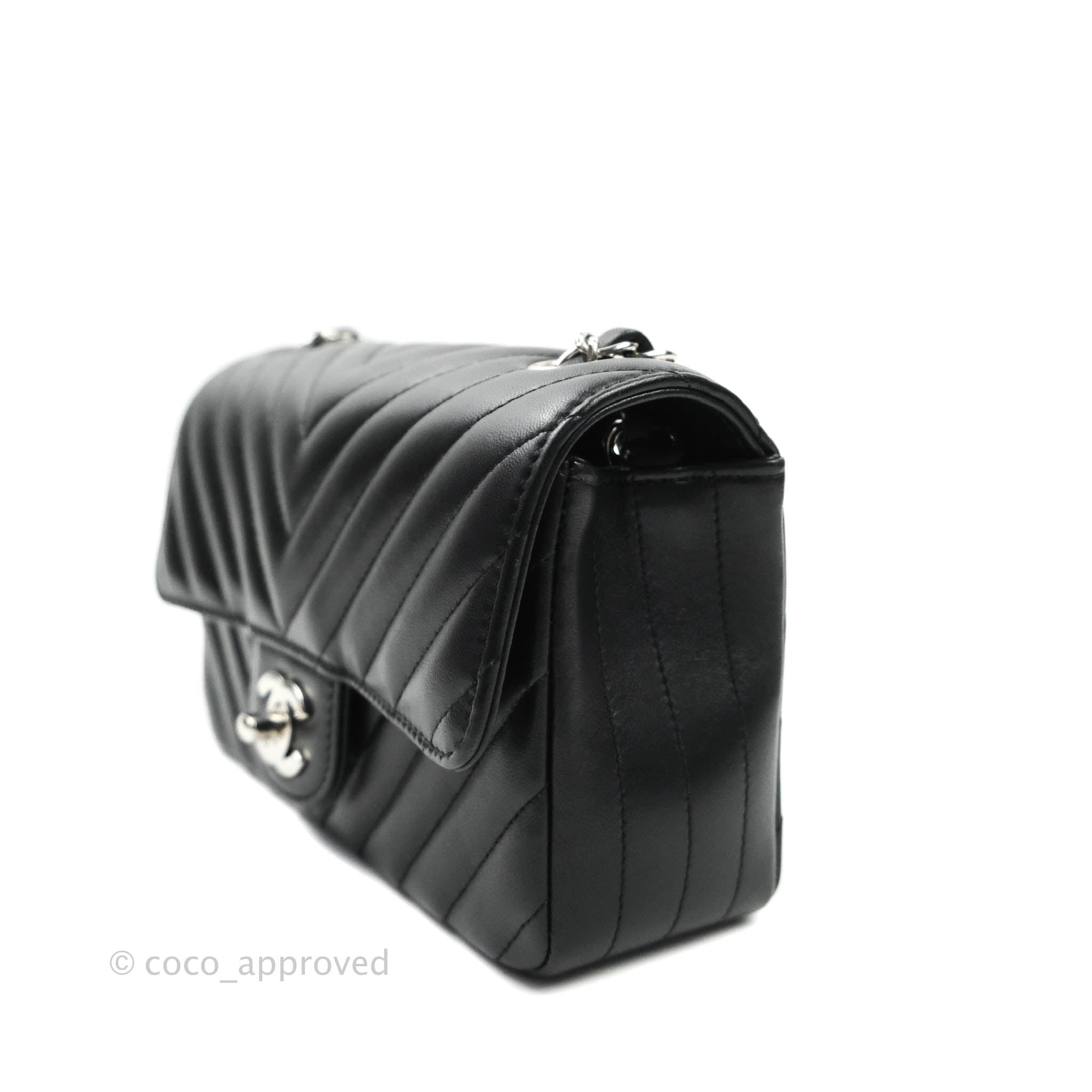 Chanel Classic Chevron Mini Rectangular Flap Bag Black Lambskin Leather with Silver Hardware - Perfect for Evening Events & Luxury Fashion Accessories