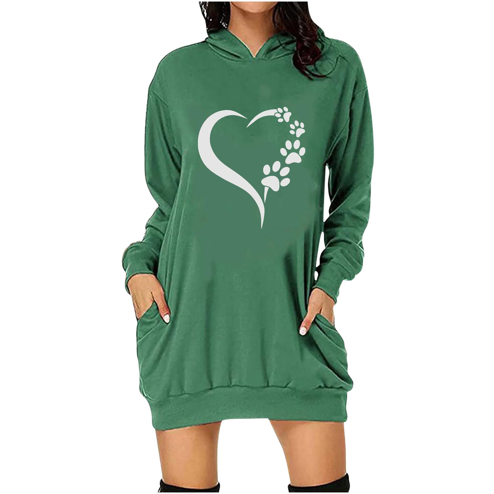 Valentine's Day Hoodie Dress - Plus Size Long Sleeve Pullover with Heart Print & Pocket | Cute Mini Sweatshirt Dress for Date Night, Gift Giving & Casual Outings