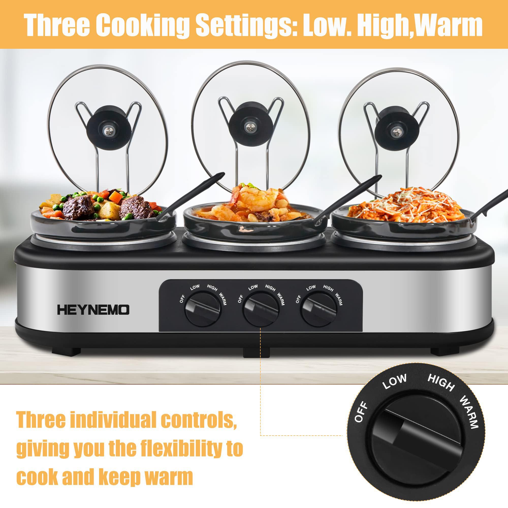 3-in-1 Triple Slow Cooker Buffet Server - 3×1.5QT Stainless Steel Food Warmers with Adjustable Temperature & Lid Rests - Perfect for Parties, Holidays, Family Gatherings & Potluck Dinners