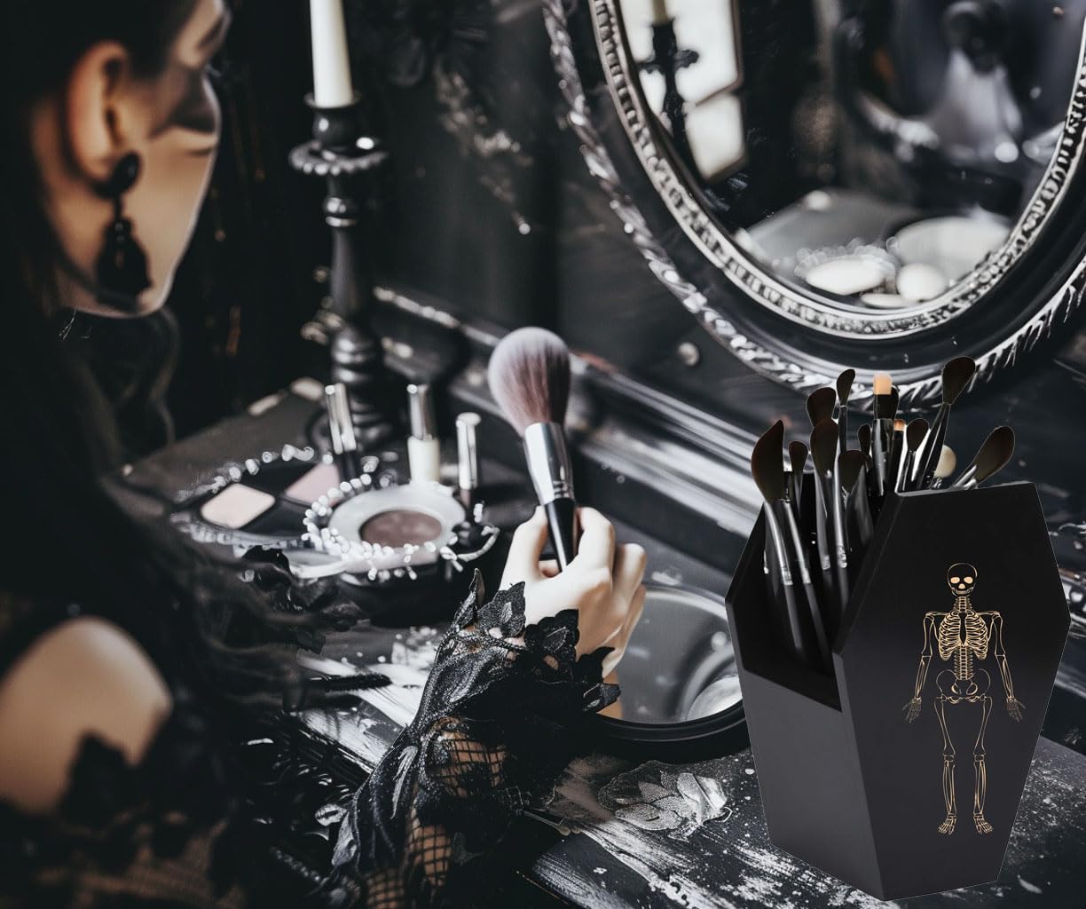 Large Capacity Skeleton Coffin Utensil Holder - Spooky Halloween Kitchen Decor for Goth, Bats, Skull & Spatulas - Durable Gothic Kitchenware Accessory with Deep Storage - Perfect for Halloween Parties, Haunted House Decor & Gothic Home Kitchen Organization