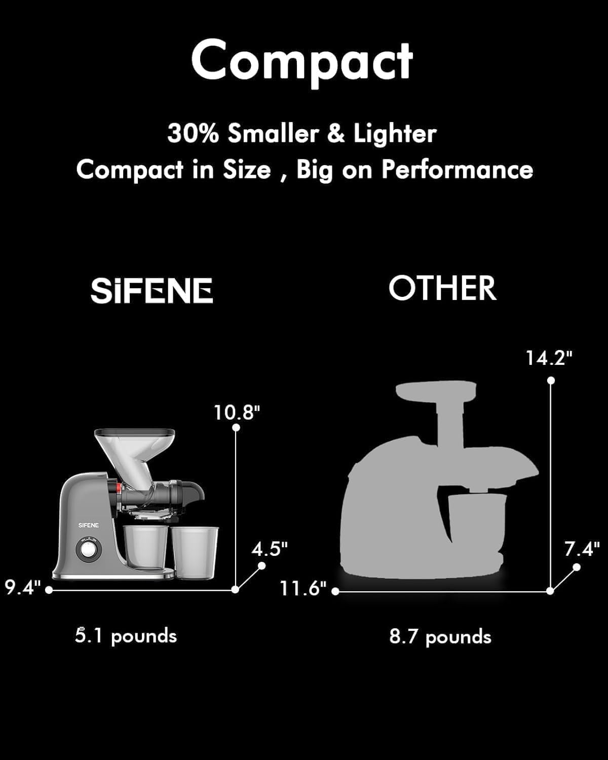 SiFENE Slow Masticating Juicer - Cold Press Juicer Machine for Fruits & Vegetables, Compact Single Serve Juice Extractor with Easy Clean Design, BPA-Free (Grey) - Perfect for Healthy Juicing at Home, Office or Gym