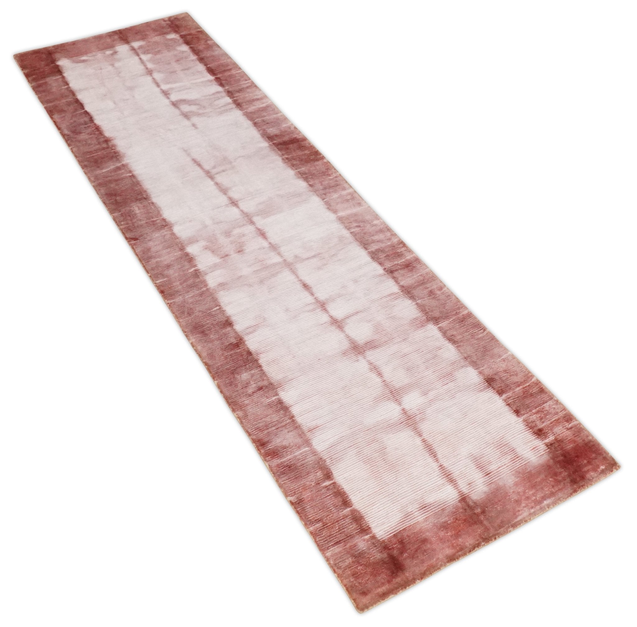 Hand Woven 10ft Silver Pink Peach Abstract Art Silk Rug - Luxury Bohemian Runner for Living Room Bedroom Hallway Decor | KNT7