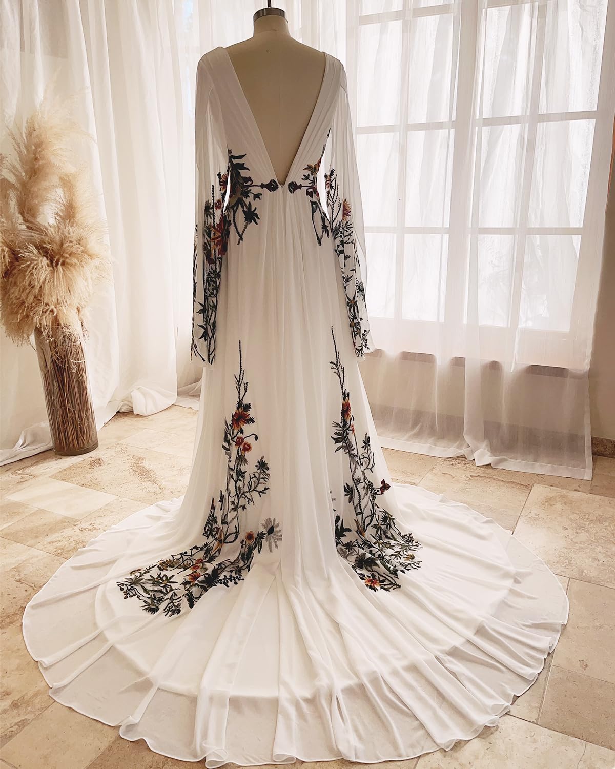 Elegant Floral Embroidered V-Neck Long Sleeve Boho Wedding Dress for Women | Romantic Lace Bridal Gown | Perfect for Beach, Garden & Outdoor Ceremonies