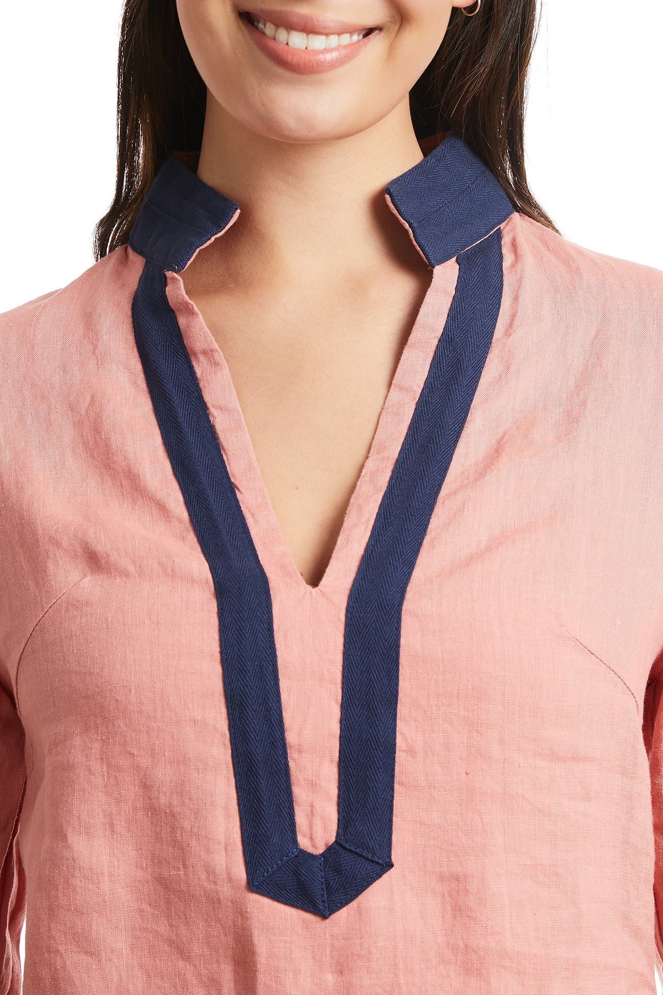 Stylish Nantucket Red Linen Tunic Top with Navy Trim - Perfect for Summer Outings & Beach Vacations