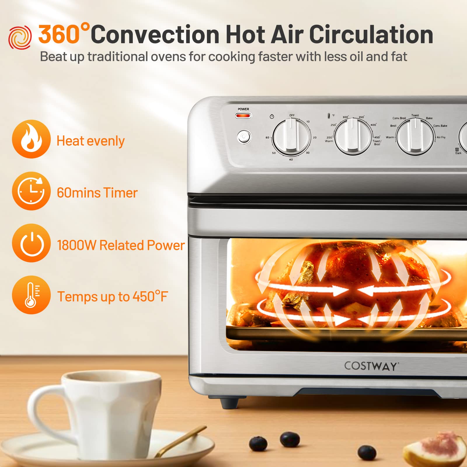 COSTWAY 7-in-1 Air Fryer Toaster Oven Combo, 1800W 21.5QT Countertop Convection Oven with Auto Shut-Off, Timer & Accessories - Bake, Broil, Toast, Roast, Reheat - Perfect for Small Kitchens, Dorms, Apartments & Healthy Cooking