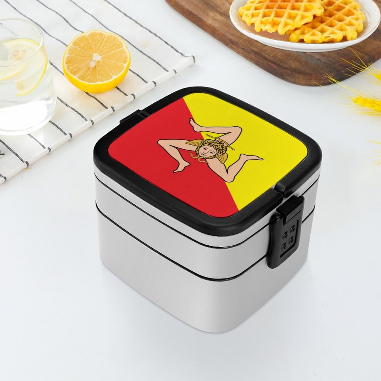 Sicily Flag Bento Box - Double Layer Stackable Lunch Box for Adults with Spoon - Leakproof Travel Food Container for Office, School & Picnic