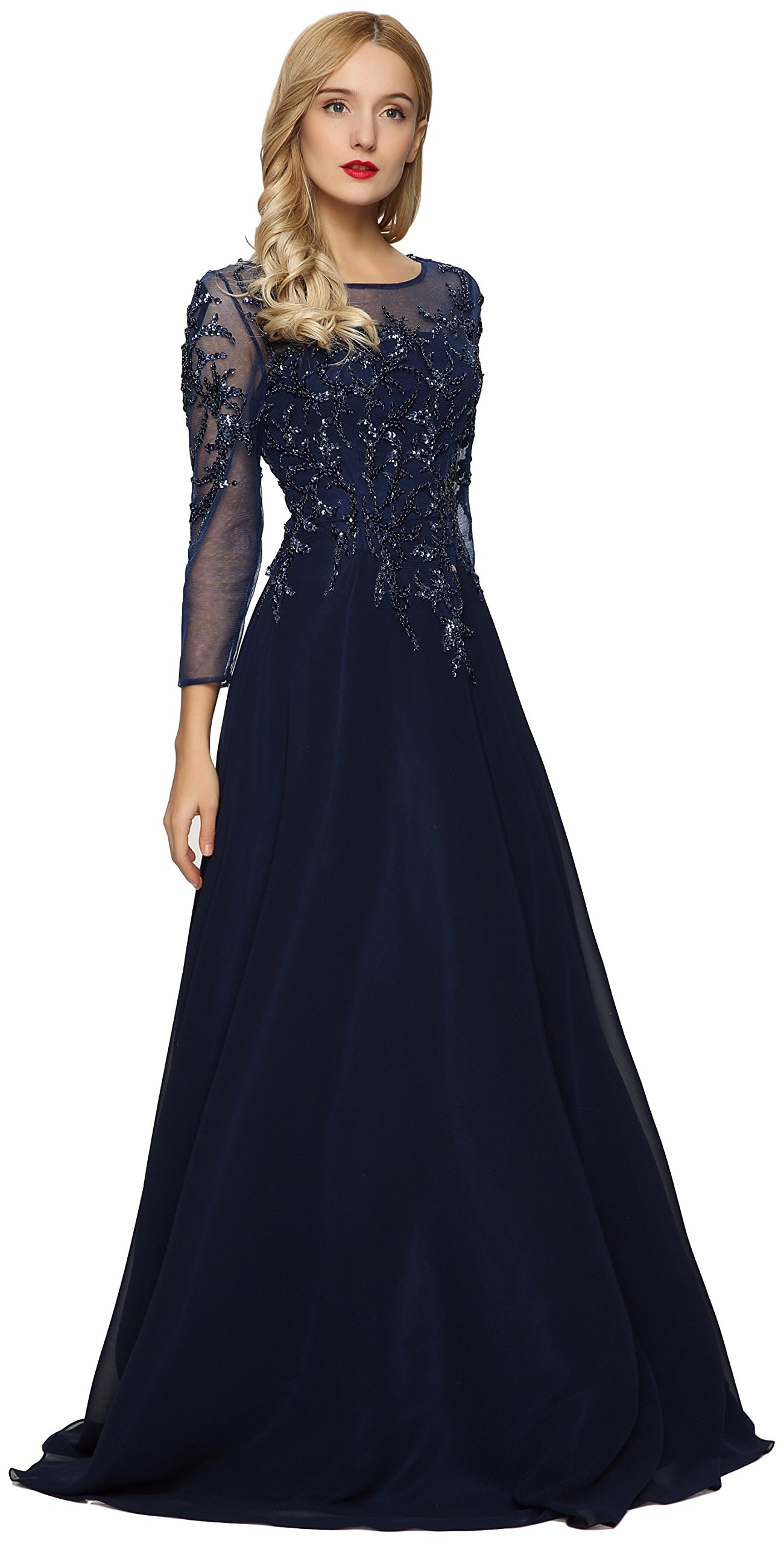 Elegant Meier Women's Starlit Beaded Long Sleeve Evening Gown - Mother of The Bride Dress for Weddings, Formal Events & Special Occasions