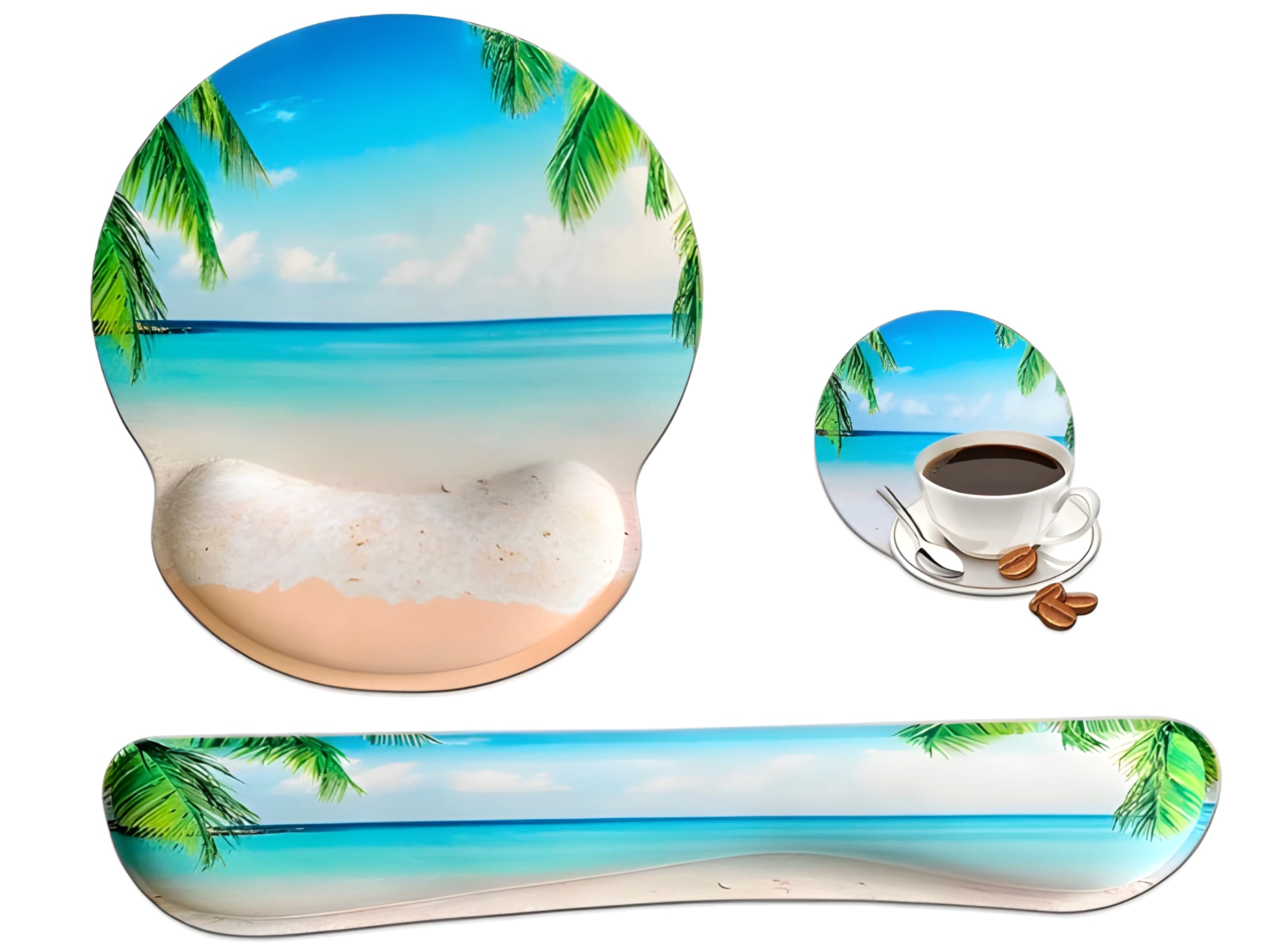 BKS Ergonomic Gel Mouse Pad & Keyboard Wrist Rest Set - Non-Slip PU Base for Pain Relief - Perfect for Gaming, Office & Computer Work - Comfortable Beach Design with Coaster - Ideal for Long Hours of Typing and Gaming Sessions
