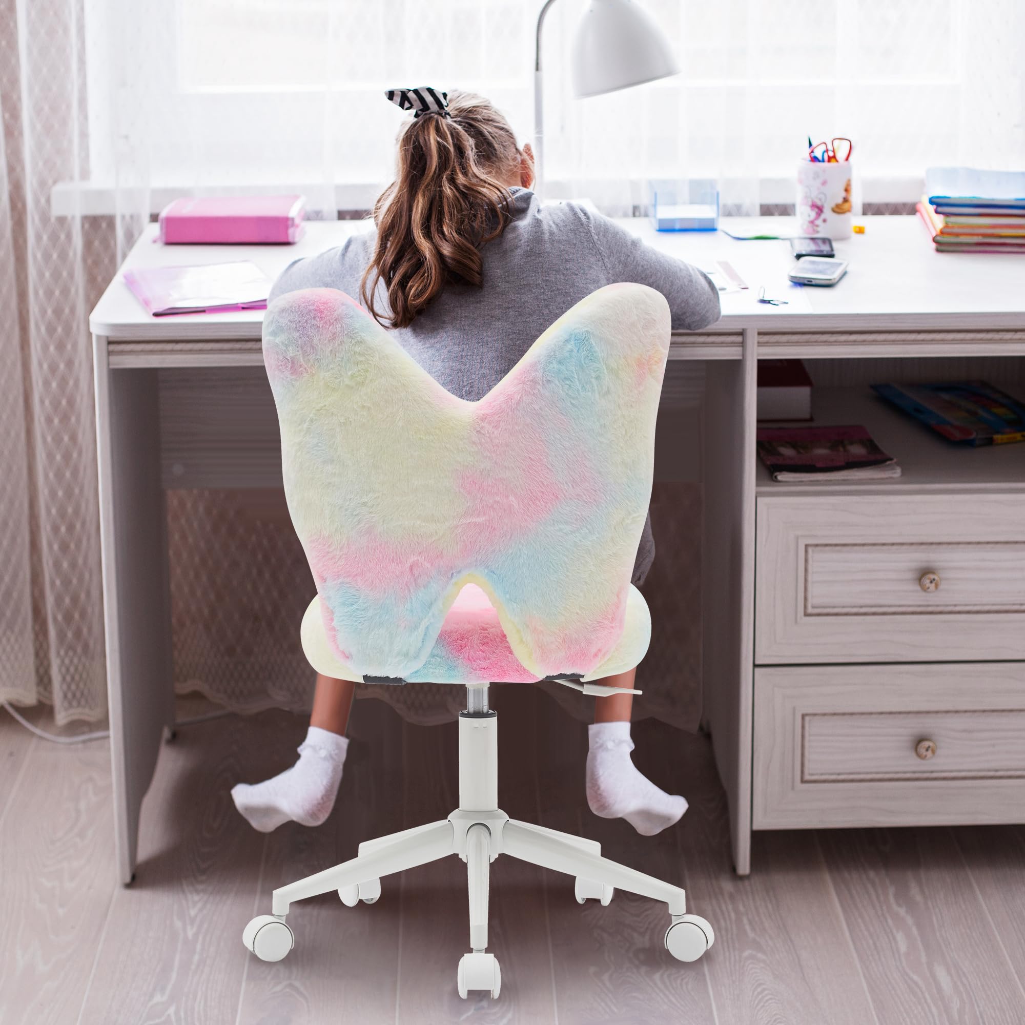 Adjustable Kids Desk Chair with Wheels - Ergonomic Swivel Computer Chair for Children, Soft Butterfly Shaped Back Support - Perfect Study Chair for Girls Bedroom, Homeschooling & Online Learning