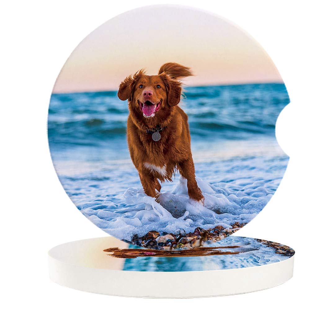 Ceramic Car Coasters for Drinks - Non-Slip Pet Dog Design with Easy Grip Fingertip - Set of 2 - Perfect for Beach Trips, Road Trips & Daily Commutes