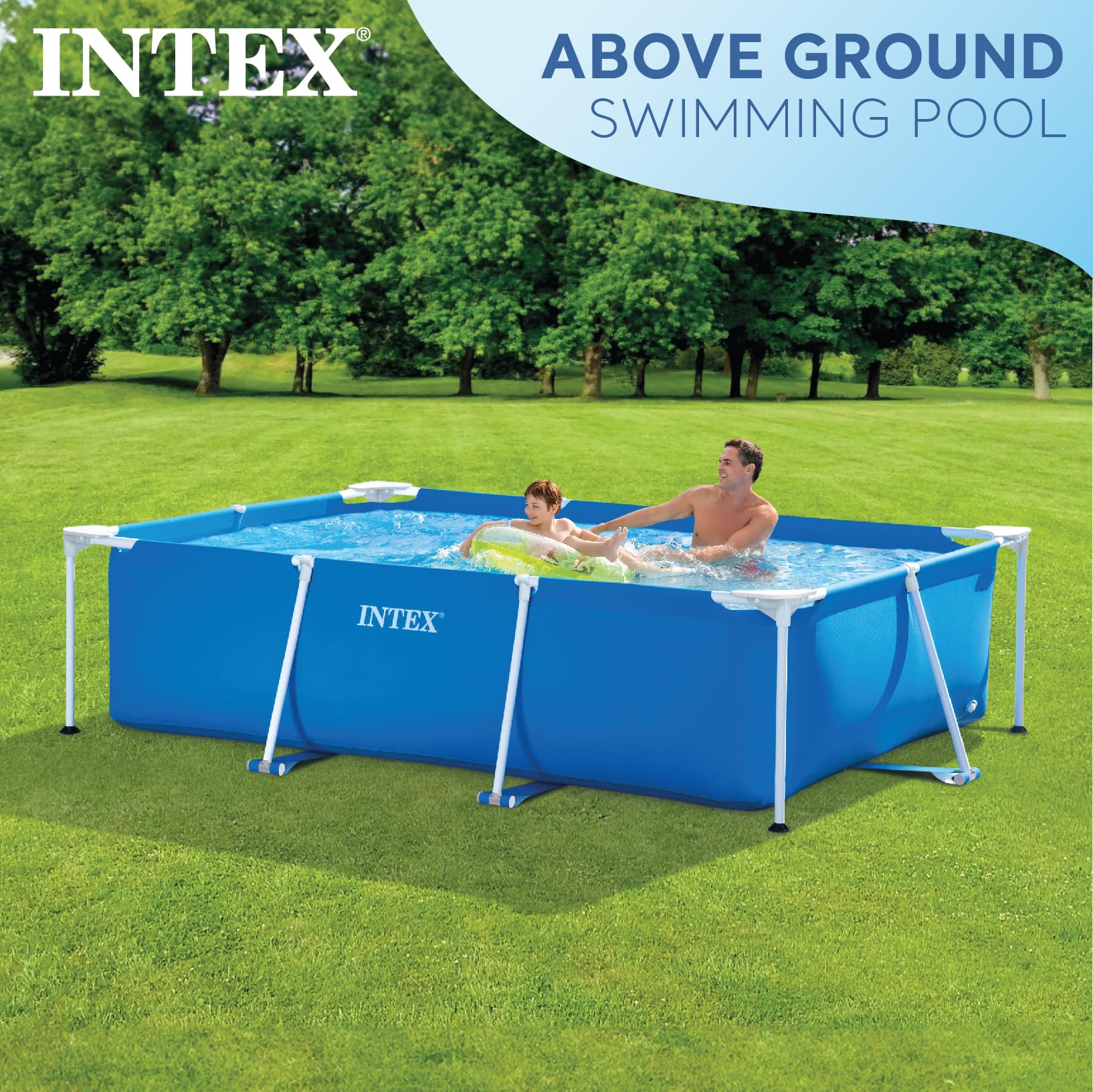 Intex 8.5ft x 26in Rectangular Frame Above Ground Swimming Pool for Kids & Adults - Outdoor Backyard Summer Water Fun for Ages 6+